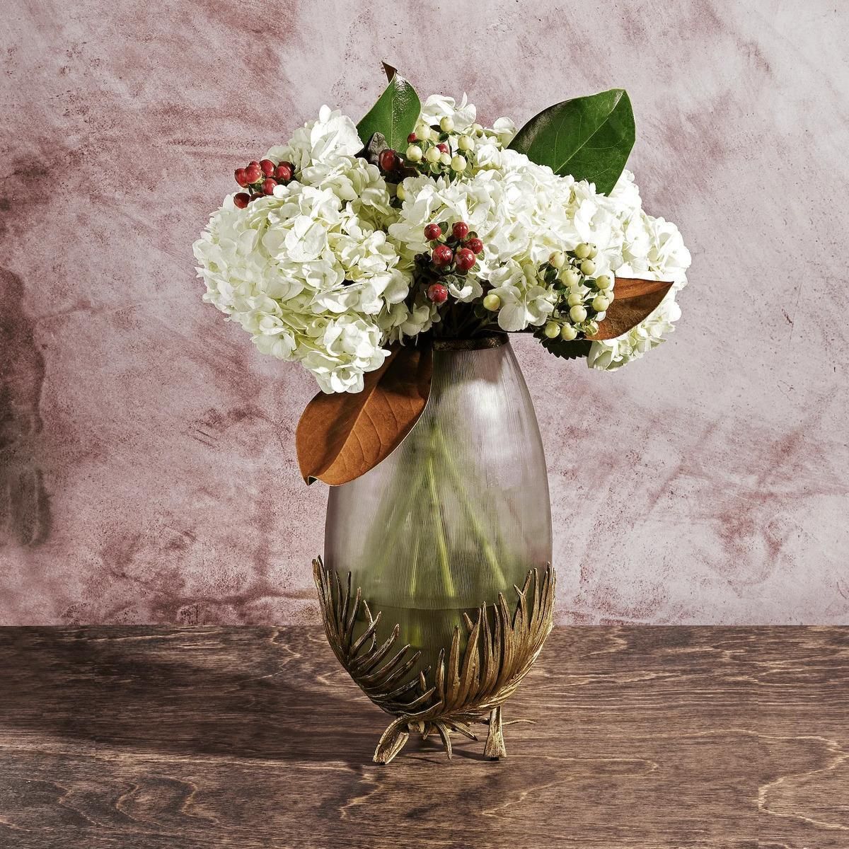 Pair Of Medium Contemporary Gold Metal & Frosted Glass Palm Vase photo furniture