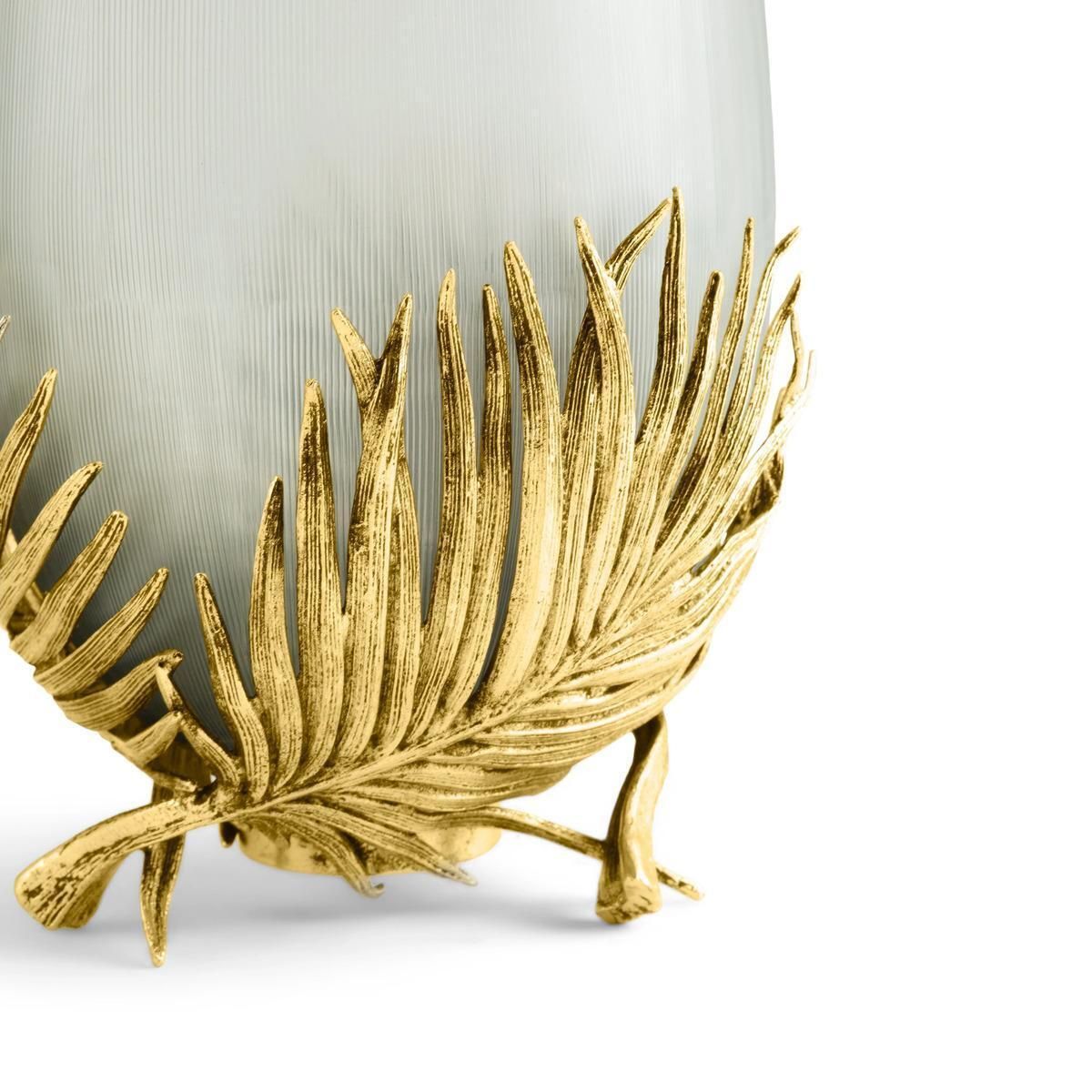 Pair Of Medium Contemporary Gold Metal & Frosted Glass Palm Vase photo for sale