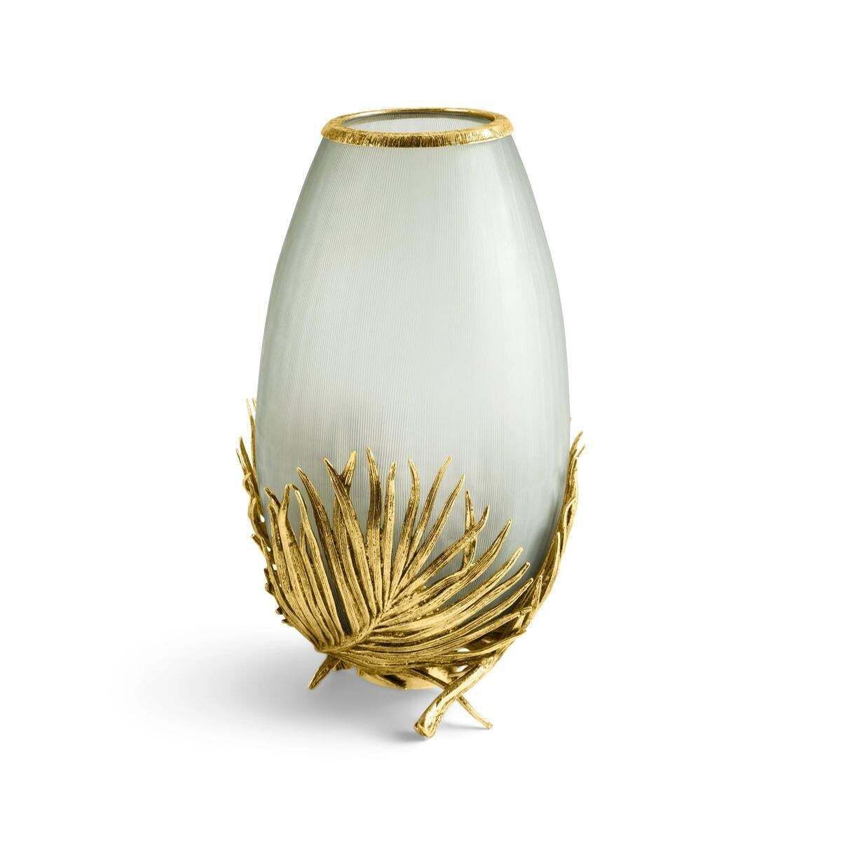 Pair Of Medium Contemporary Gold Metal & Frosted Glass Palm Vase photo vinterior