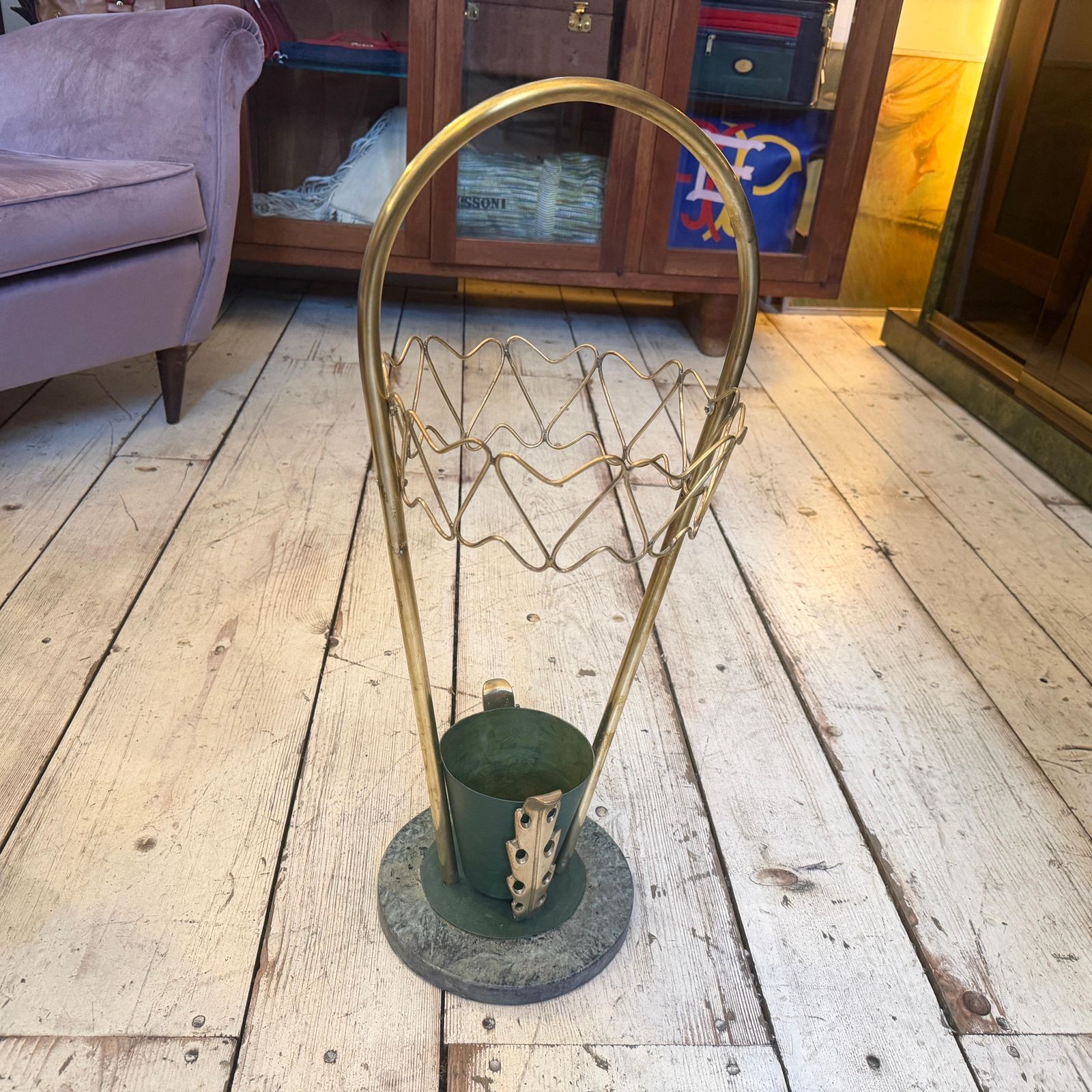 1950s Mid Century Modern Brass And Marble Umbrella Stand, Gio Ponti Style photo buy