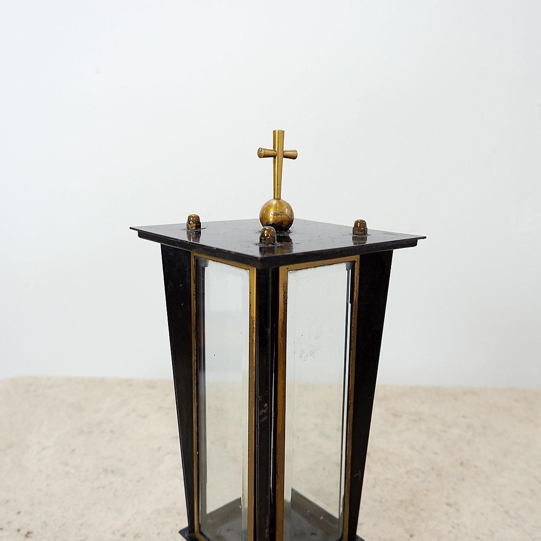 Mid 20th Century Wooden Memorial Lantern With Antique Brass & Glass photo 389.0