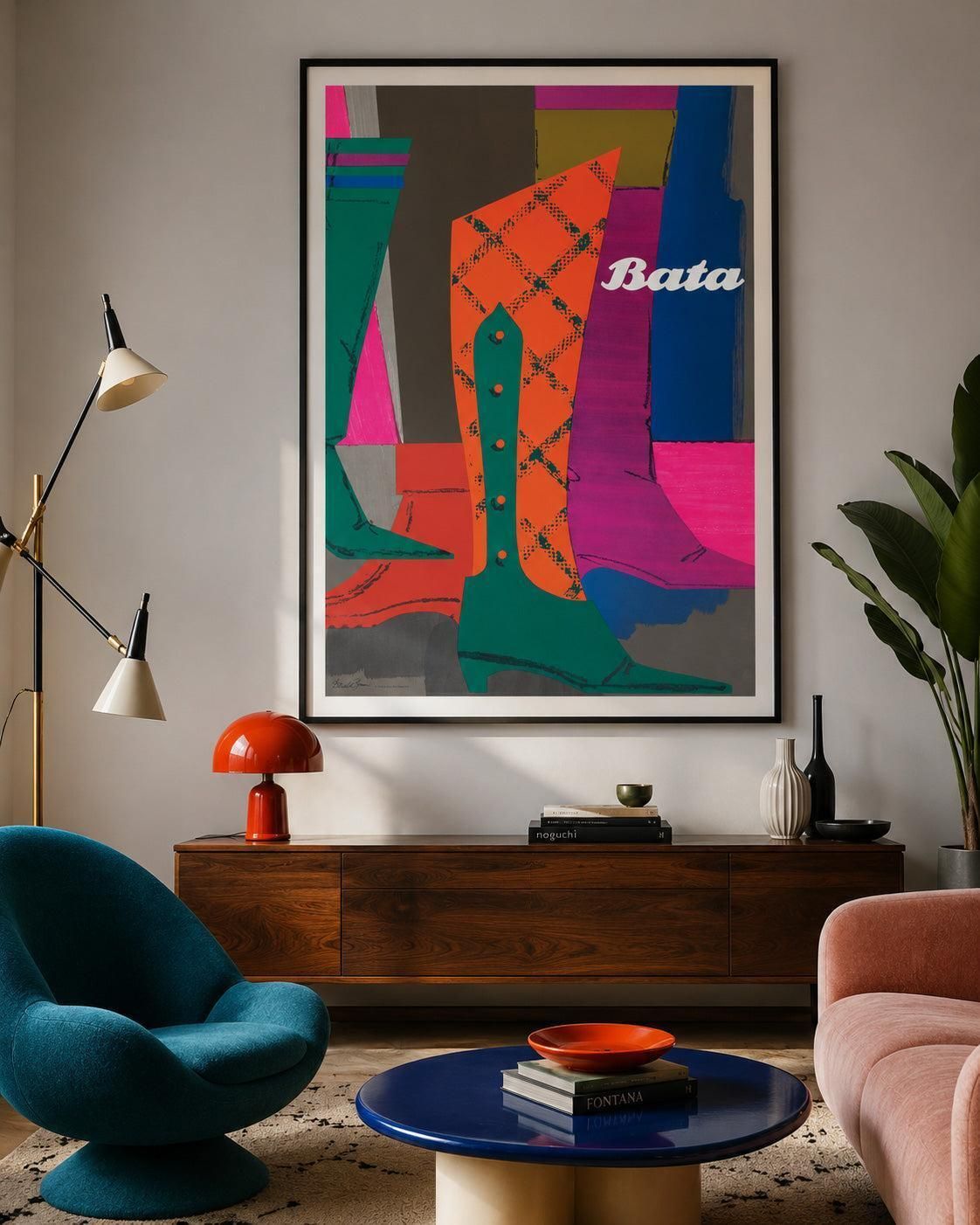 Affiche publicitaire Bata Shoes 1964, Suisse, chaussures femme, par Donald Brun photo furniture