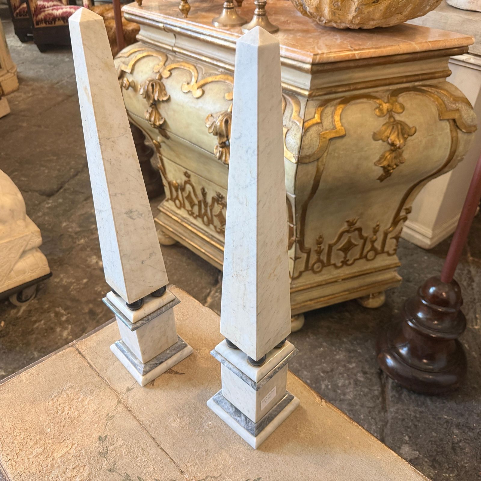 Art A Pair Of Art Deco White Carrara Marble And Black Marble Italian Obelisks photo