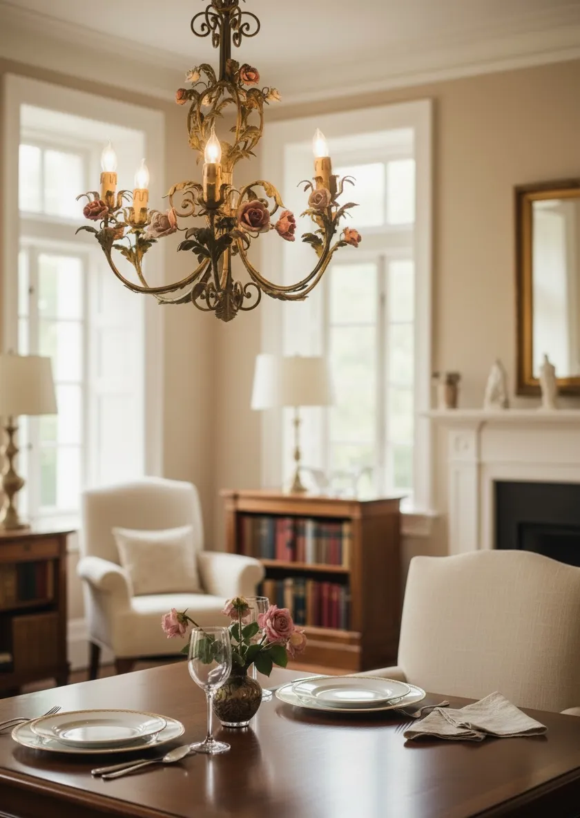 Italian Florentine Iron  And Ceramic Flower Chandelier, 1950s photo furniture