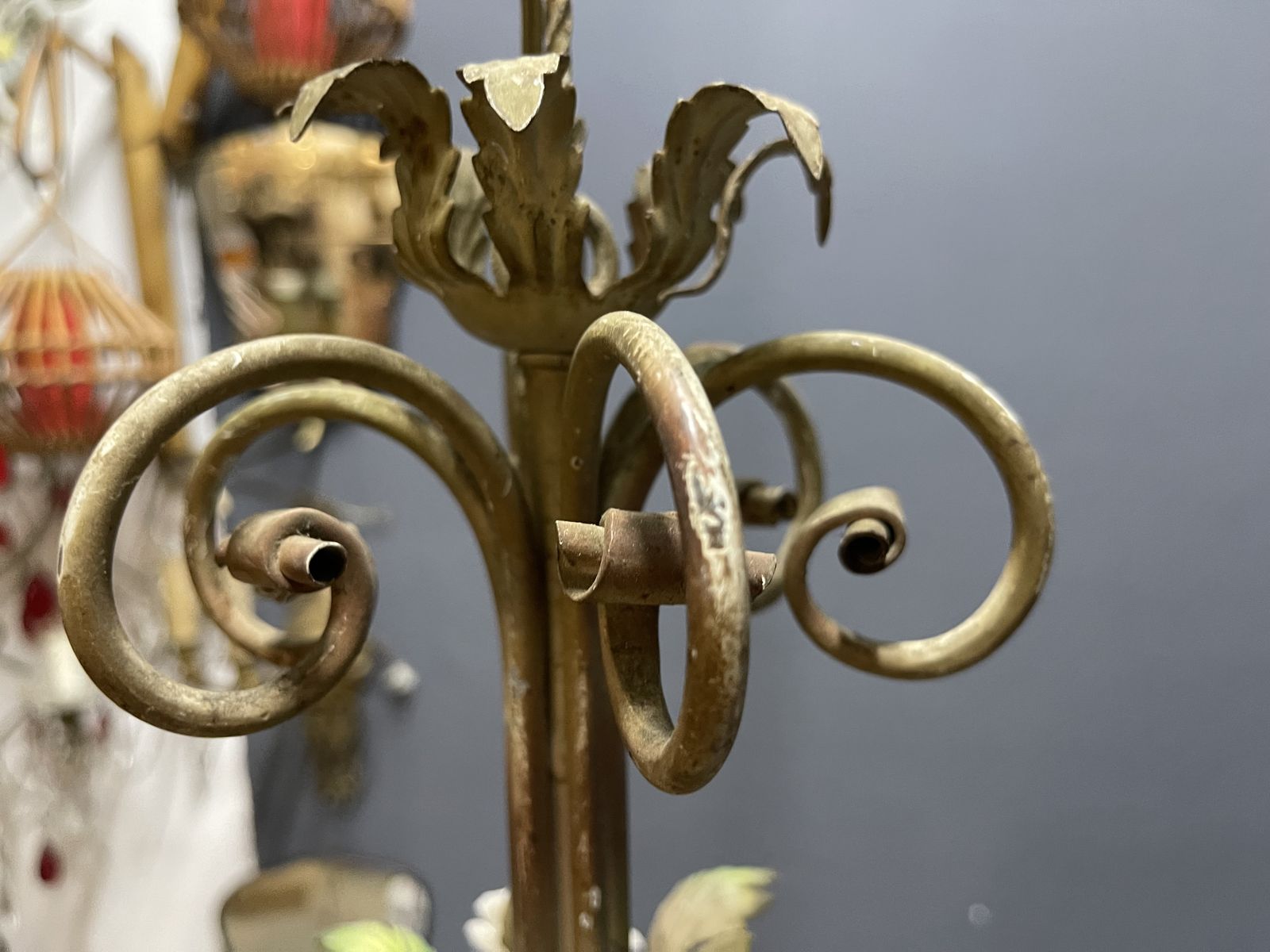 Italian Florentine Iron  And Ceramic Flower Chandelier, 1950s photo for sale