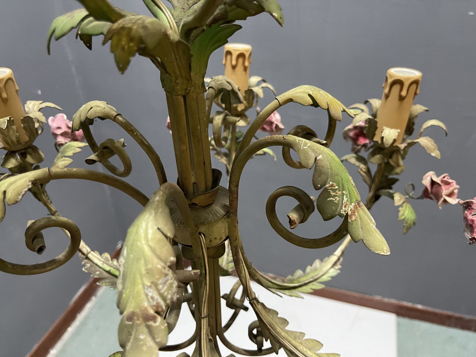 Italian Florentine Iron  And Ceramic Flower Chandelier, 1950s photo Lighting
