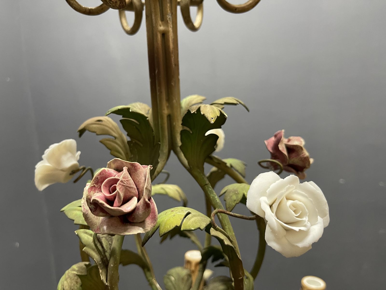 Italian Florentine Iron  And Ceramic Flower Chandelier, 1950s photo 950.0