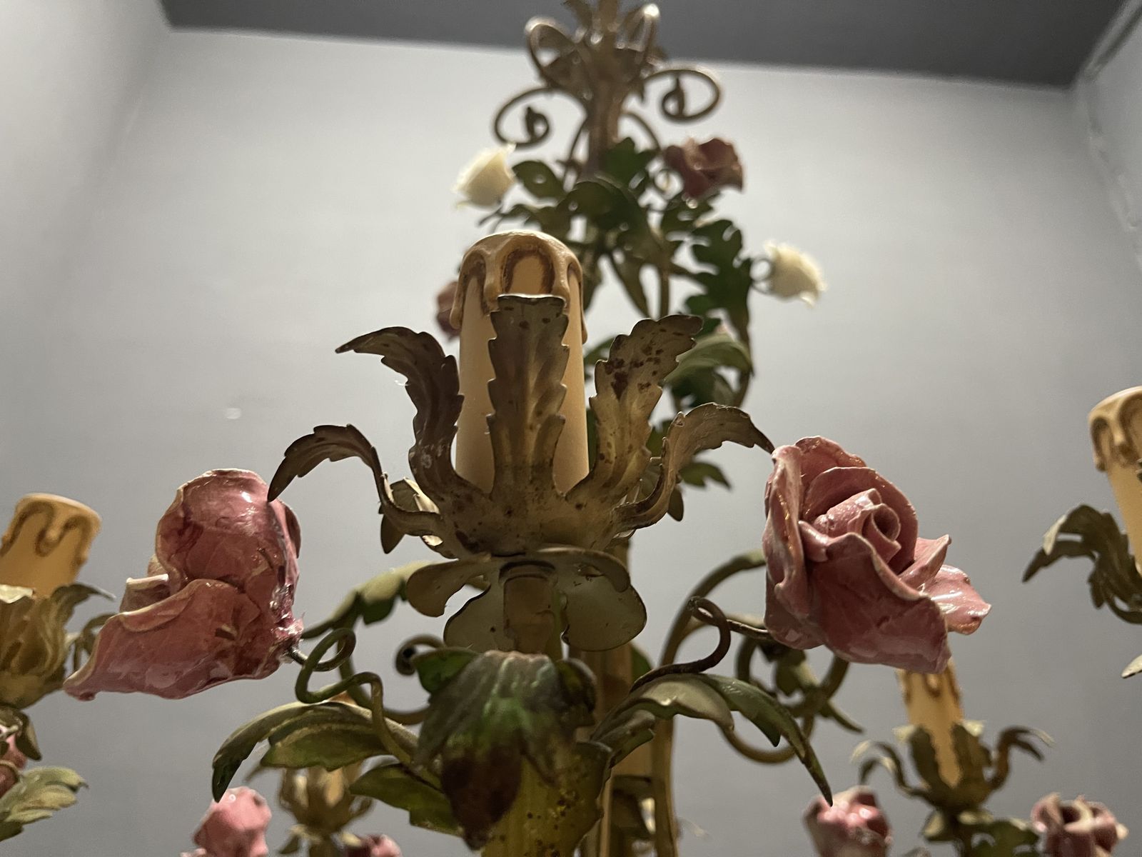 Lighting Italian Florentine Iron  And Ceramic Flower Chandelier, 1950s photo