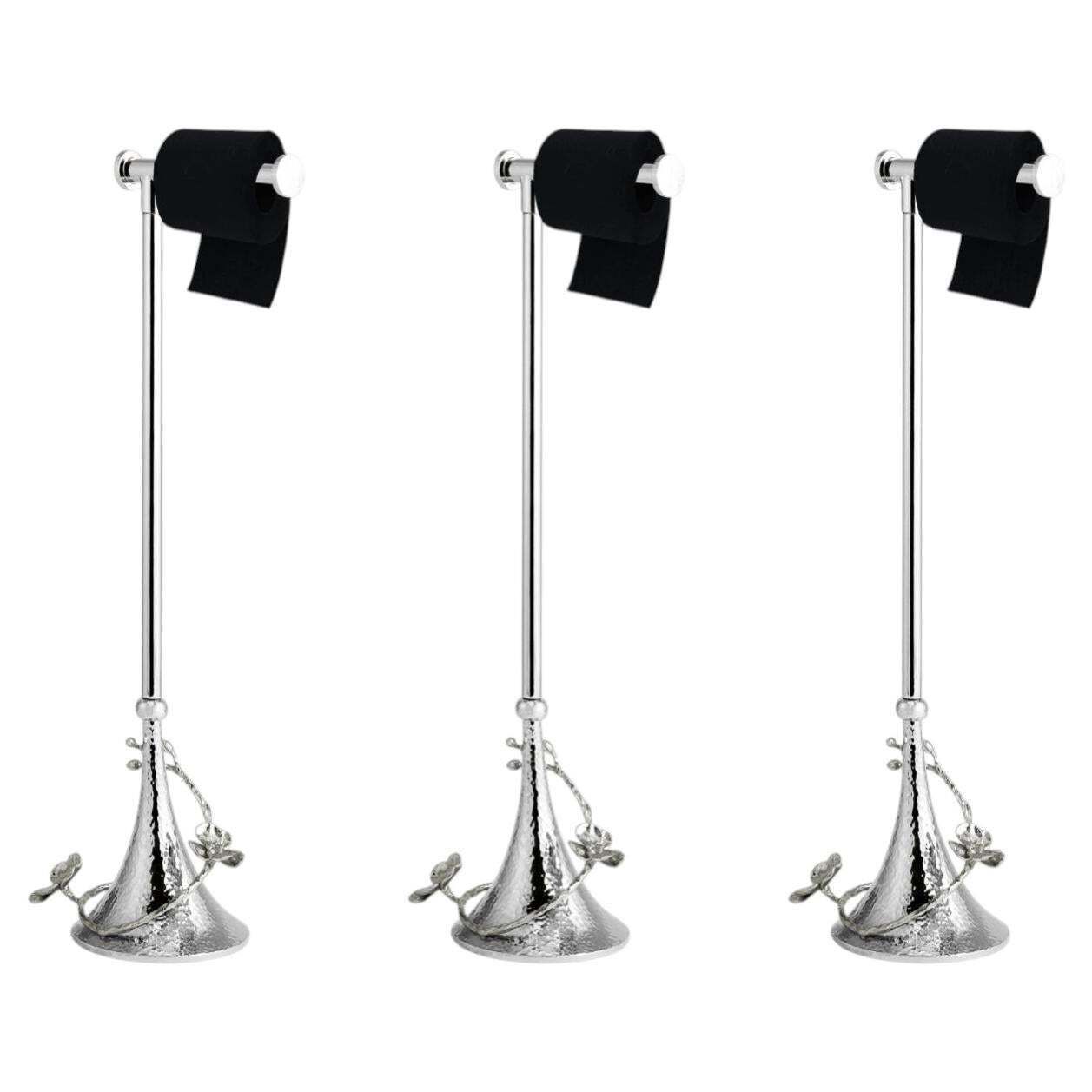 Set Of 3 White Orchid Toilet Paper Stands In Stainless Steel And Nickel