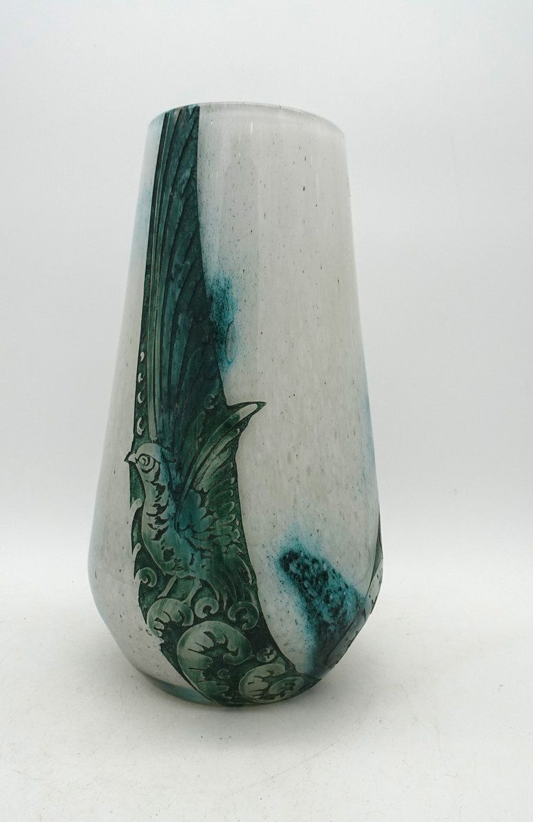 Acid Cameo Art Glass Vase With Bird Pattern From Legras, 1920s
