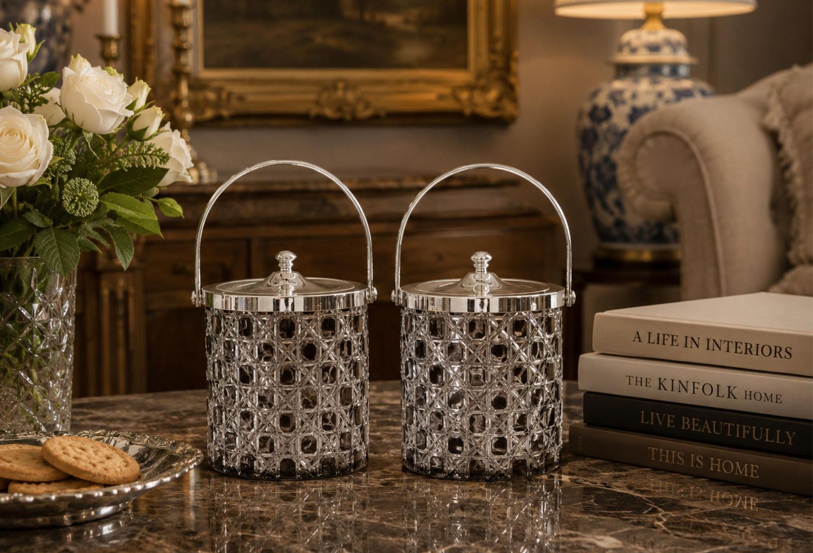 Pair Of Vintage Cut Crystal Biscuit Boxes / Ice Buckets With Silver Plated Lids photo furniture