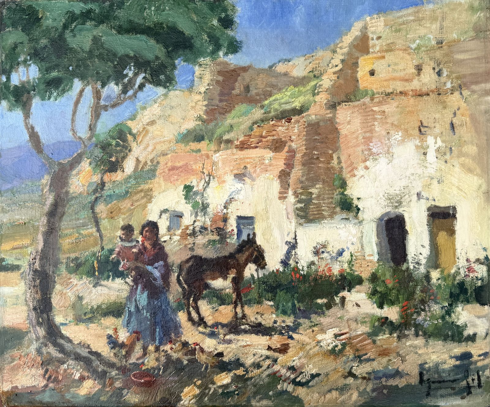 Ignacio Gil Sala, Village méditerranéen blanc avec mère, enfant, âne et poules, peinture à l'huile, années 1950