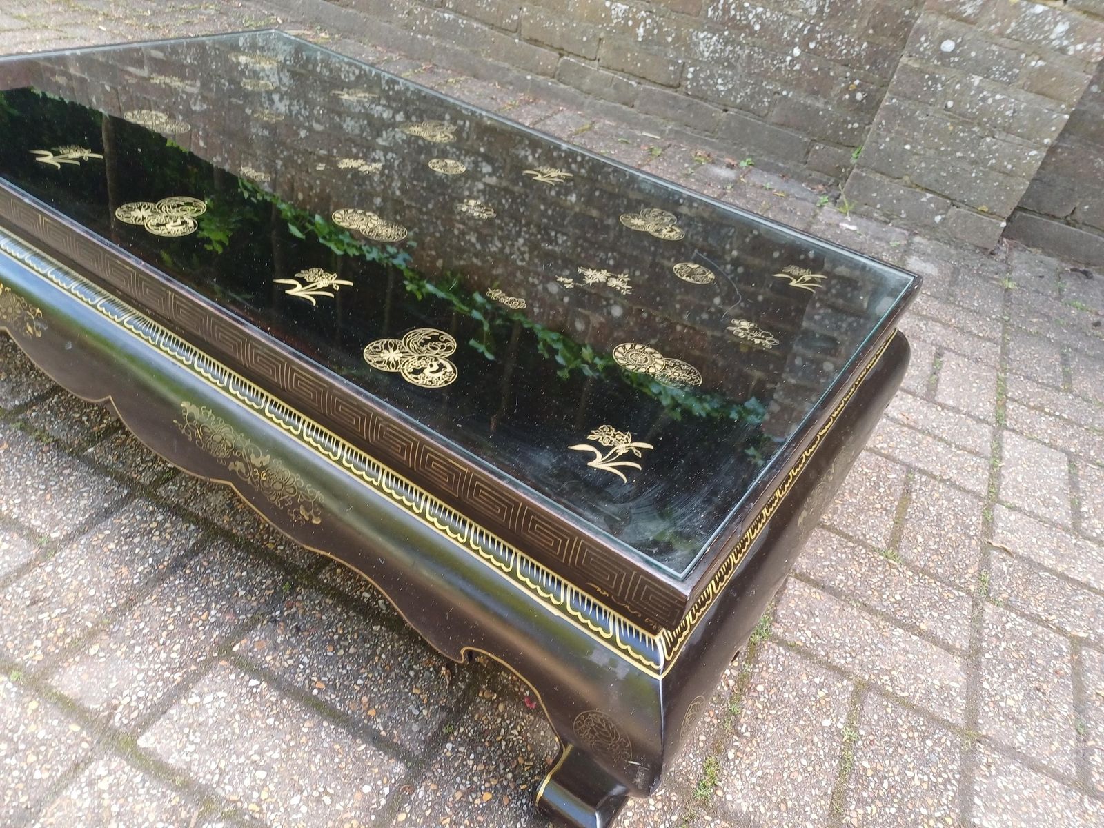 Vintage Chinoiserie Lacquer Coffee Table Oriental Black Gold Low Table Asian Glass Top Free Hand Delivery photo buy