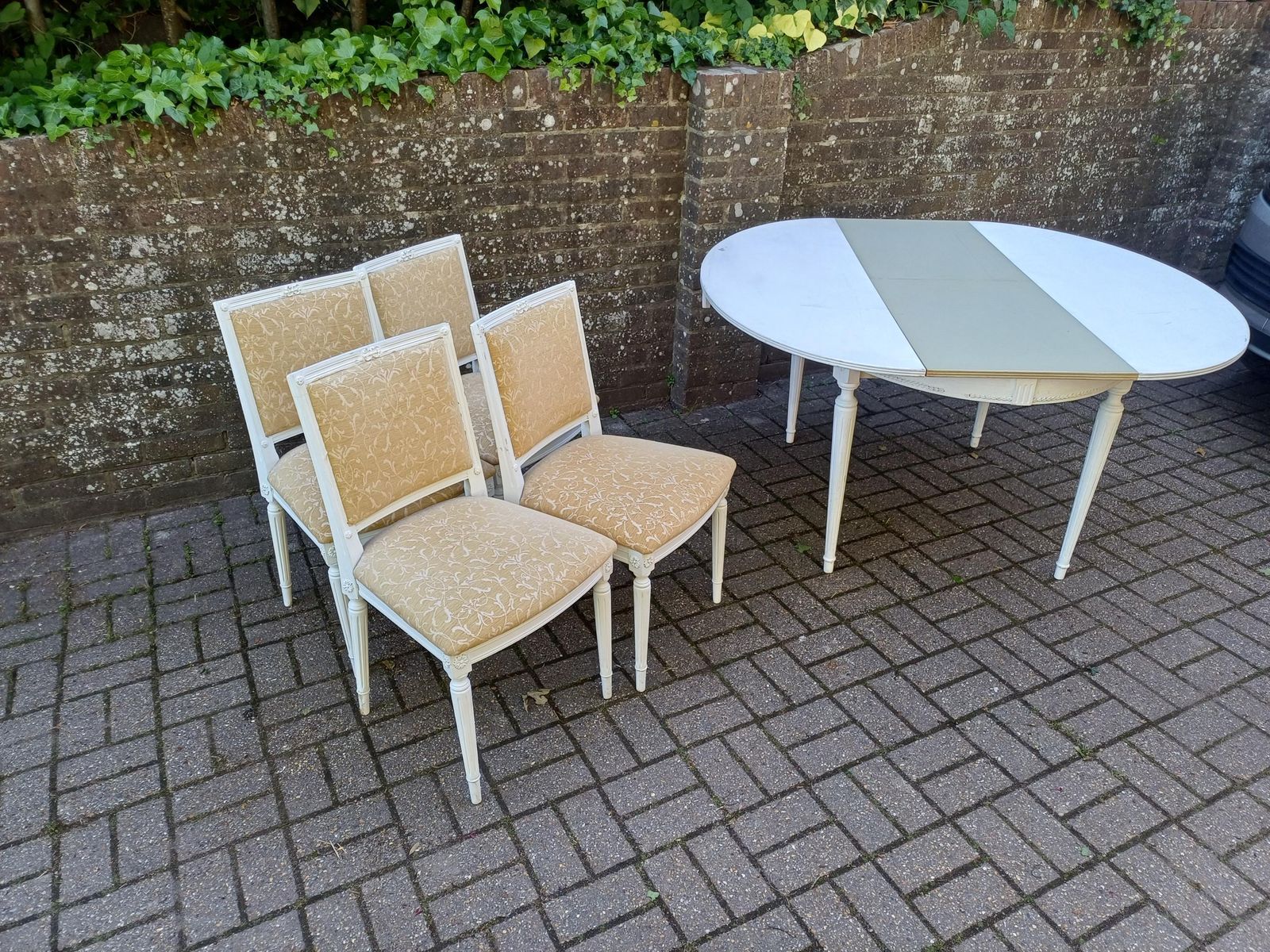 Vintage French Style Extending Dining Table And Four Upholstered Dining Chairs Painted White 1960s Beech Wood Suite Free Hand Delivery