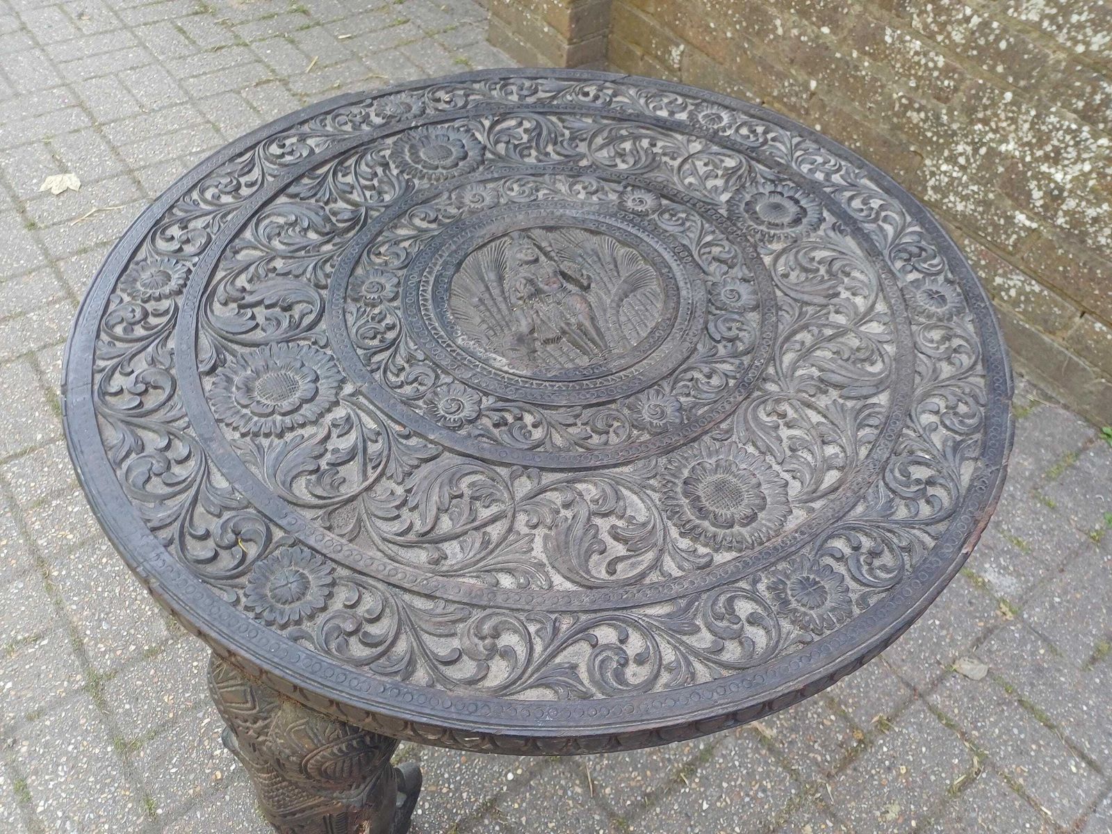 photo vinterior Victorian Deeply Hand Carved Ornate Round Elephant Table Heavy Hardwood Indian Sumptuous Quality Age Worn Free Hand Delivery