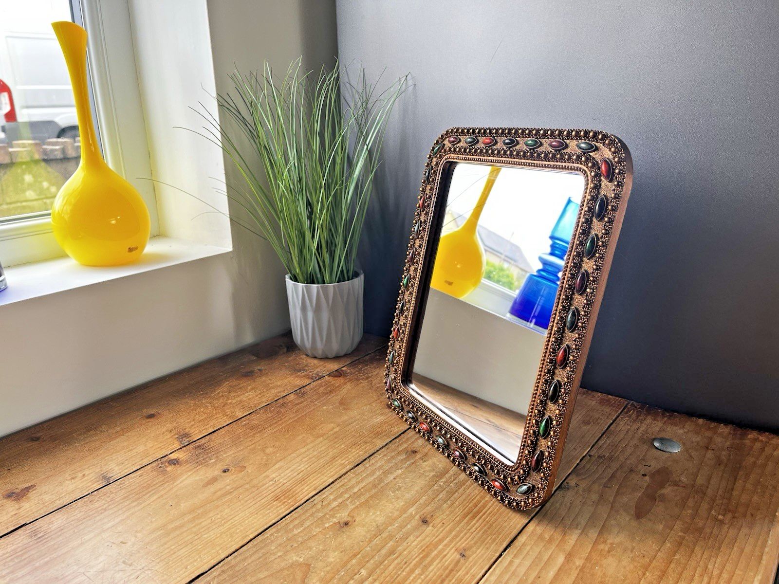 Vintage Hollywood Regency Cabochon Jewelled Gilt Wall Easel Mirror Moorish Boho photo for sale