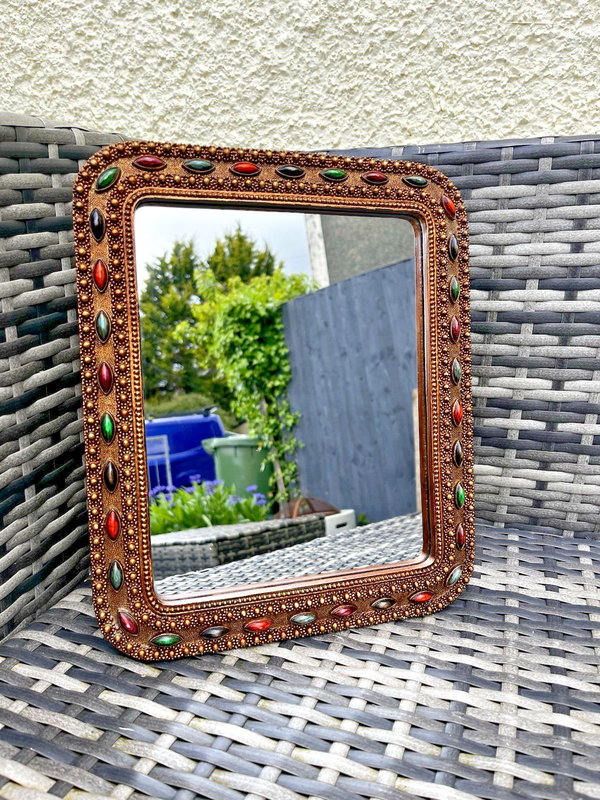 photo for sale Vintage Hollywood Regency Cabochon Jewelled Gilt Wall Easel Mirror Moorish Boho