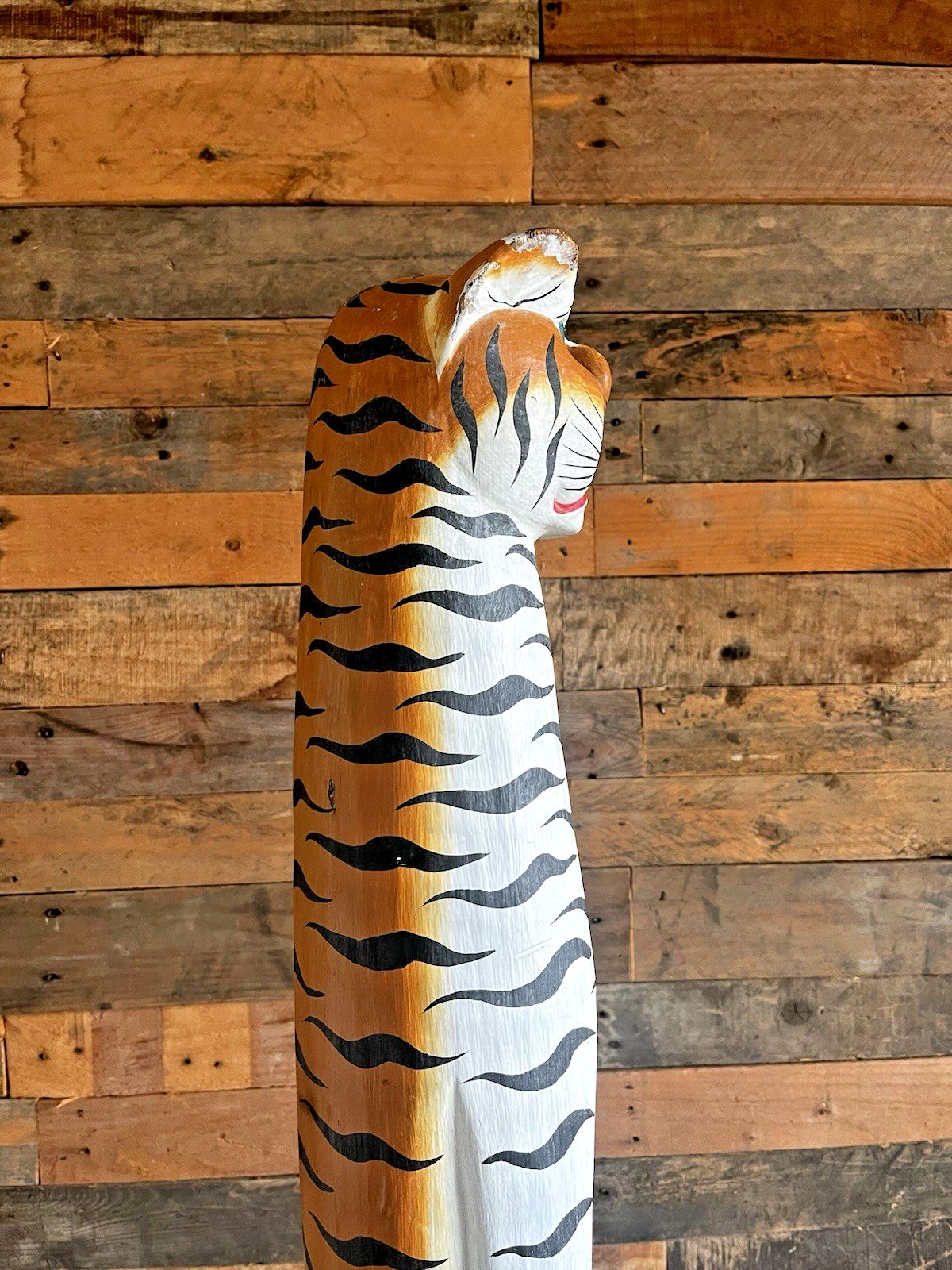 37" Vintage 60s Balinese Hand Carved Wooden Folk Art Tiger Entrance Guard Figure photo vintage