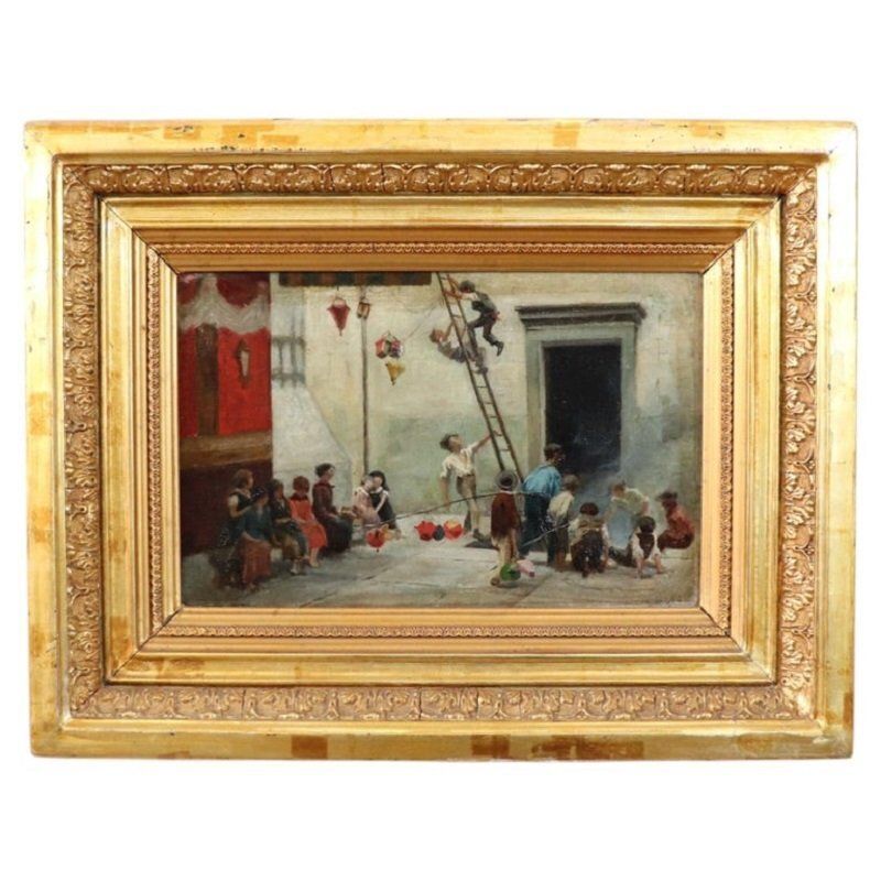 Children Playing, Oil Painting On Canvas, 19th Century, Framed