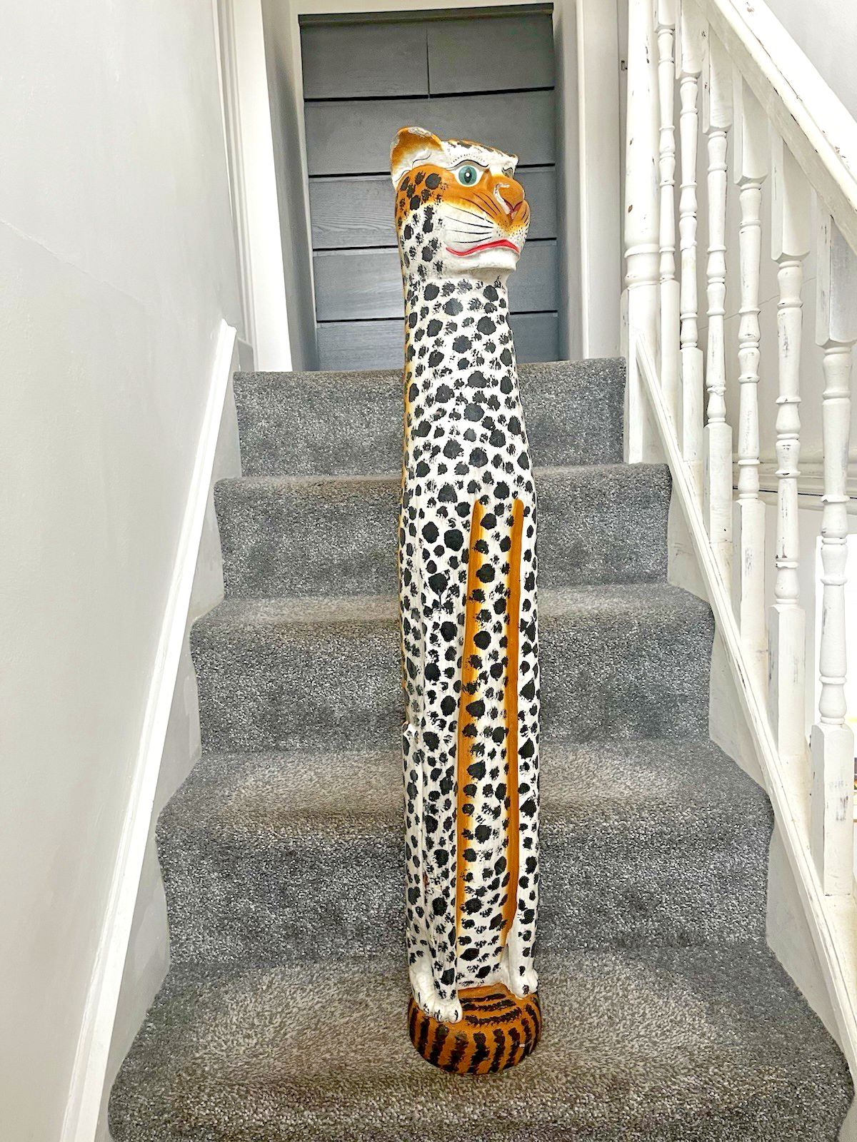 37" Vintage Balinese Hand Carved Wooden Folk Art Leopard Entrance Guard Figure