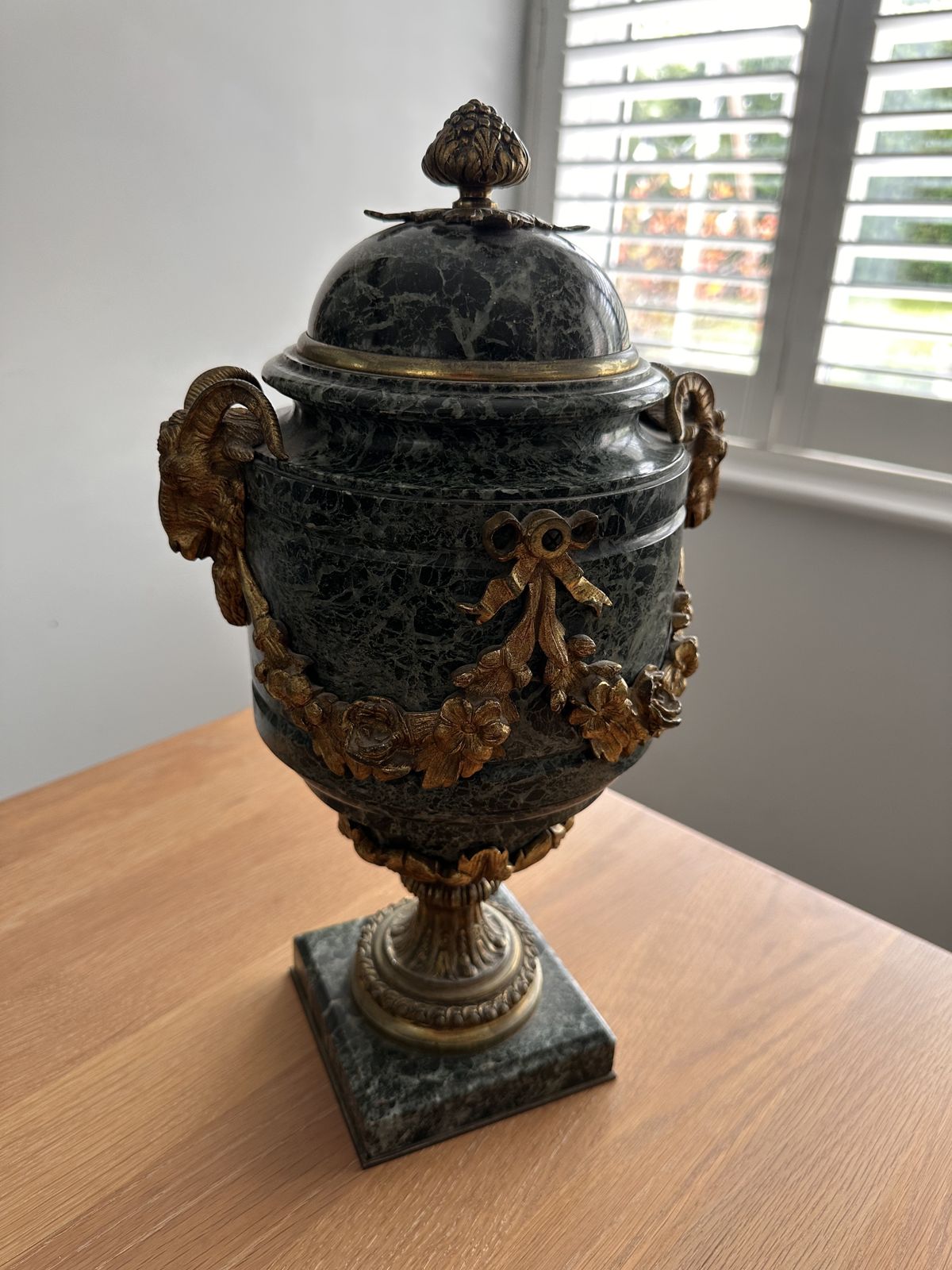 Pair Of French Gilt Bronze Mounted Verde Antico Marble Urns And Covers