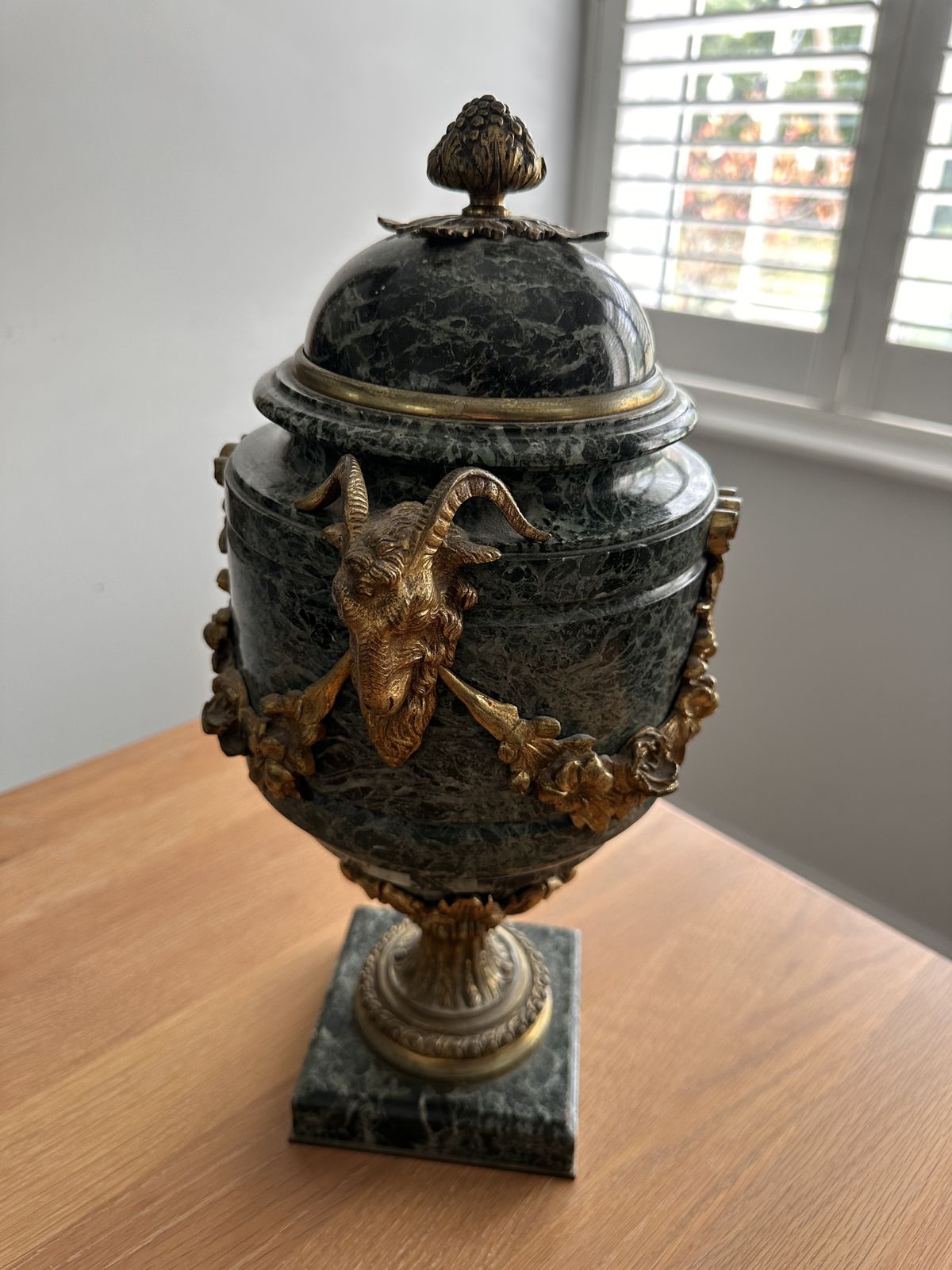 Pair Of French Gilt Bronze Mounted Verde Antico Marble Urns And Covers photo furniture