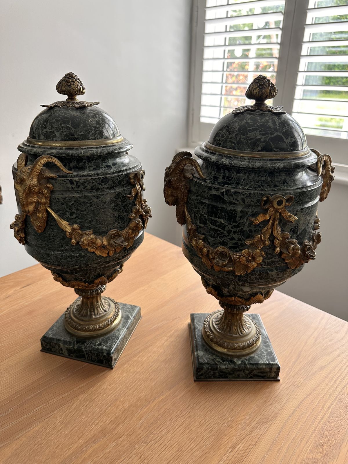 Pair Of French Gilt Bronze Mounted Verde Antico Marble Urns And Covers photo 1100.0