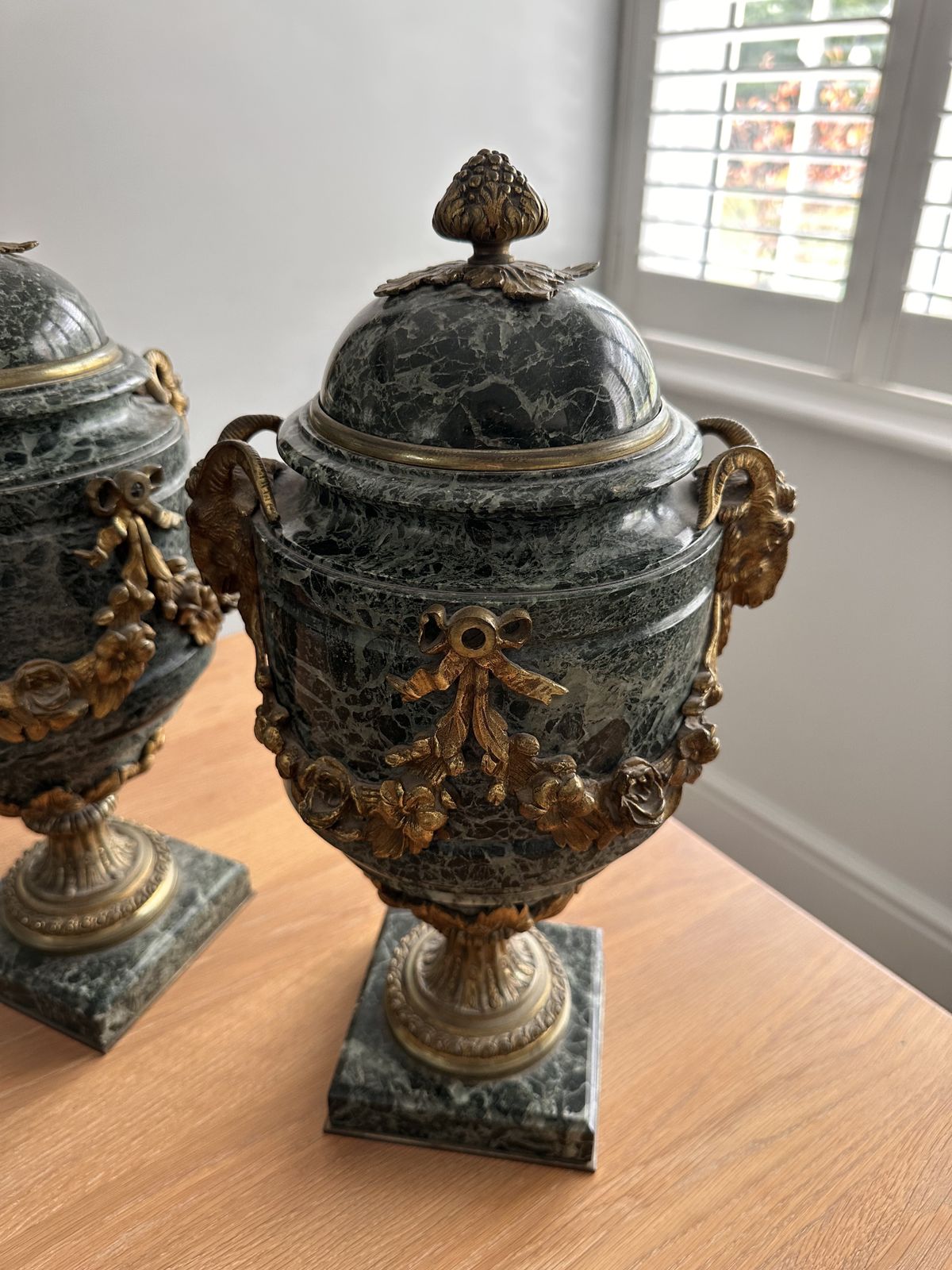 Pair Of French Gilt Bronze Mounted Verde Antico Marble Urns And Covers photo vinterior