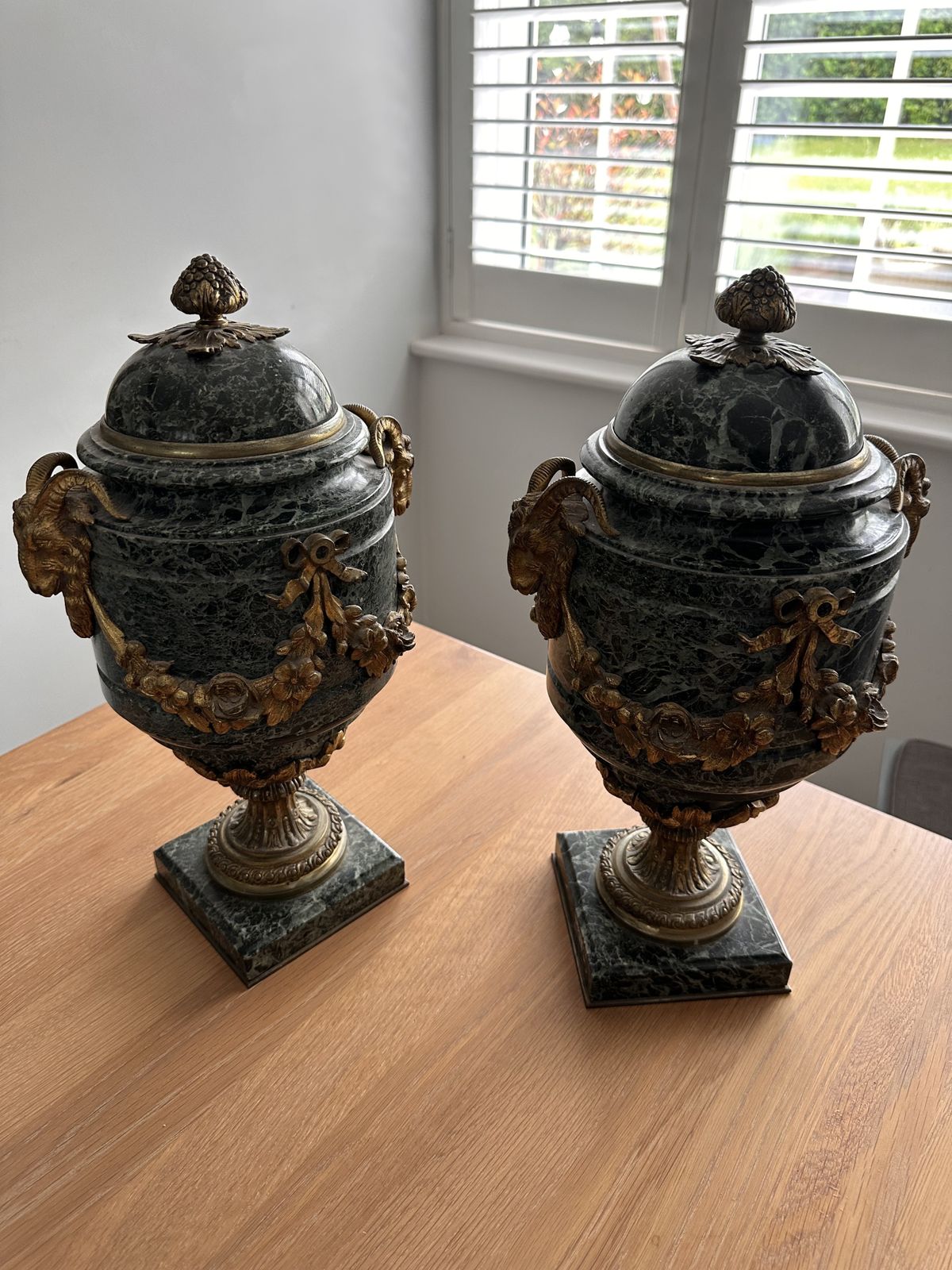 Pair Of French Gilt Bronze Mounted Verde Antico Marble Urns And Covers photo vintage