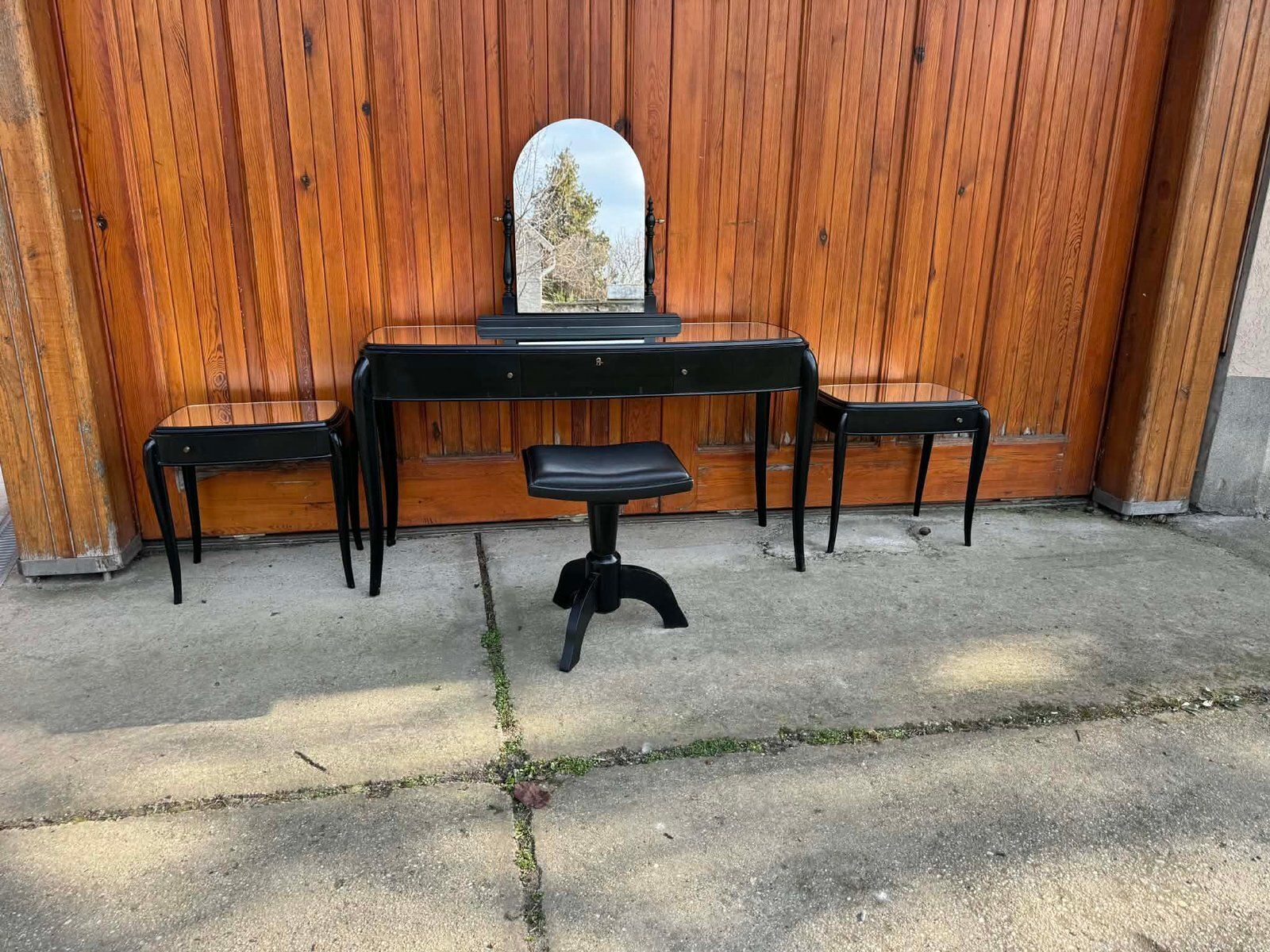 Art Deco French Black Dressing Table, Chair & Nightstands, Set Of 4
