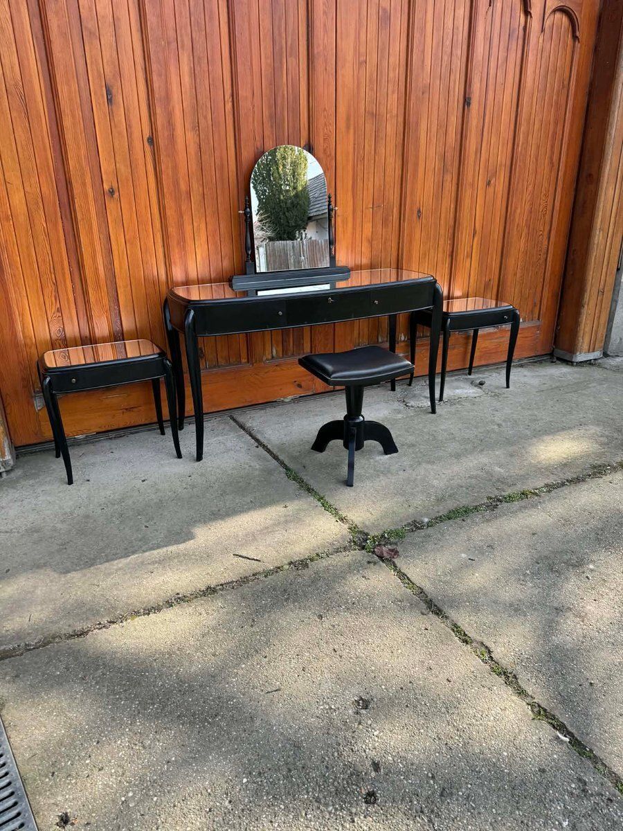 Art Deco French Black Dressing Table, Chair & Nightstands, Set Of 4 photo vinterior
