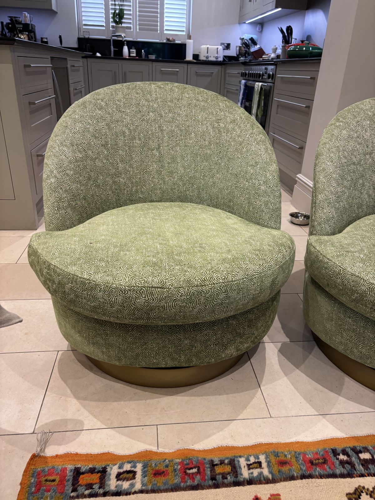 Matching Pair Green Upholstered Swivel Tub Armchairs photo for sale