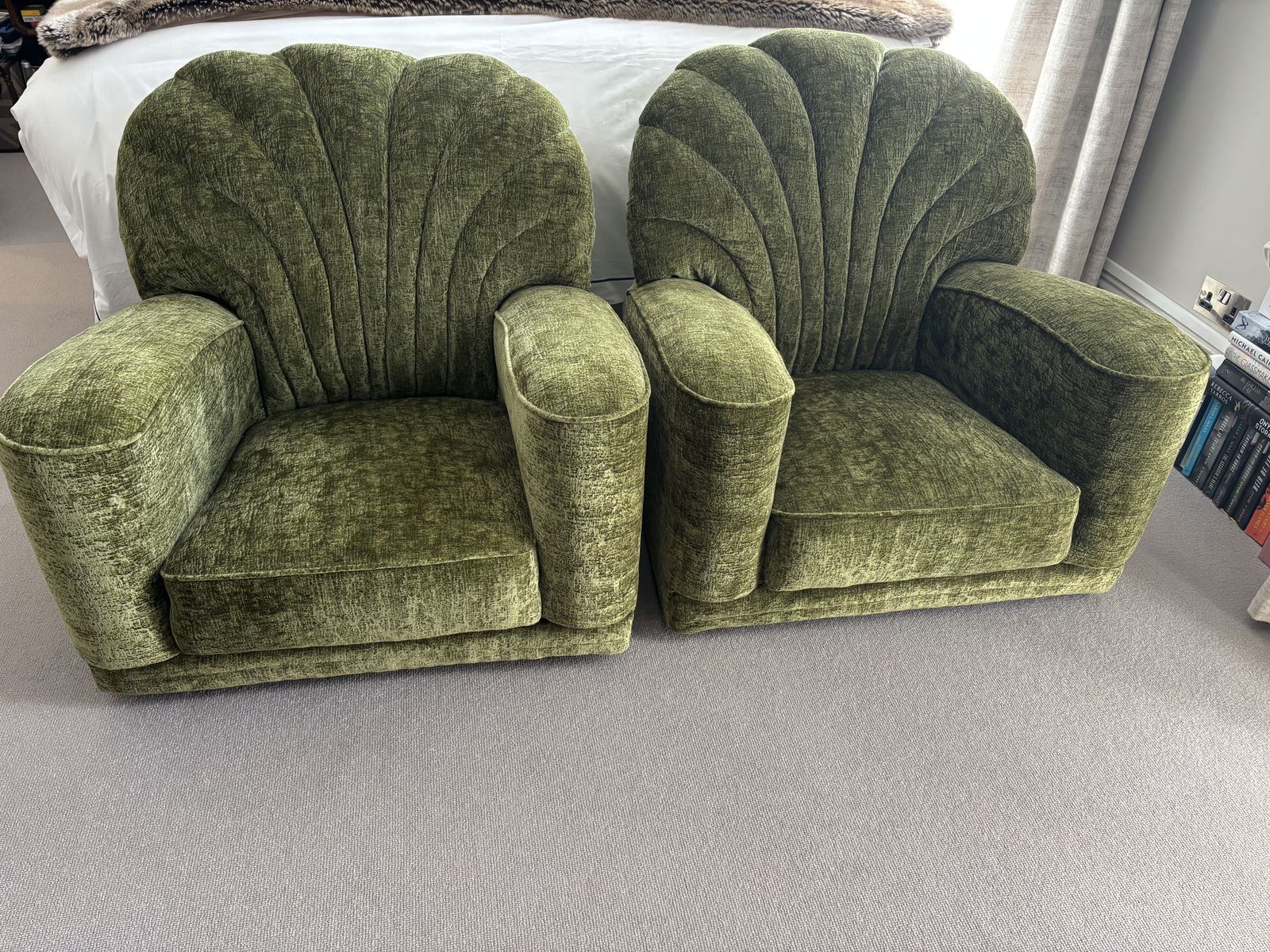 Matching Pair Art Deco Style Deep Armchairs In Forest Green Velvet