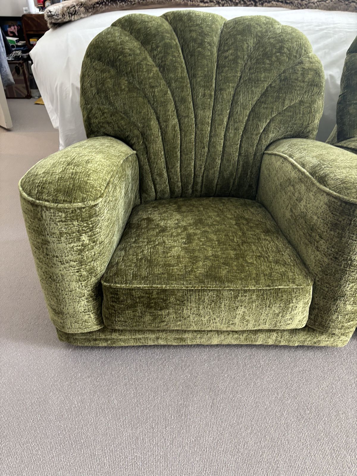 Matching Pair Art Deco Style Deep Armchairs In Forest Green Velvet photo for sale