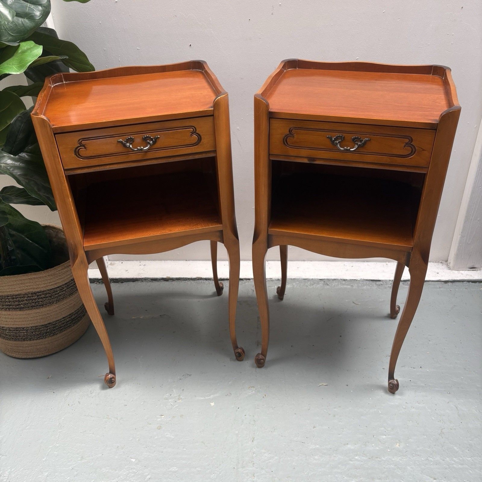 Pair 1950s French Cherrywood Louis XV Style Bedside Nightstands Chevets photo furniture