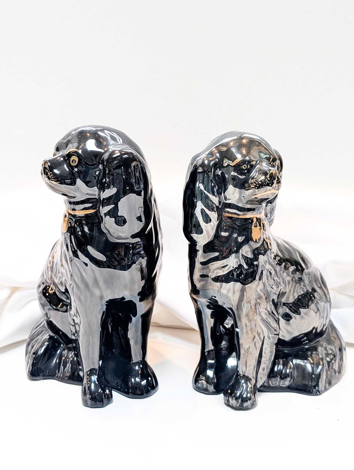 Staffordshire Pottery Mantle Black Jackfield Spaniel Dogs Pair photo 85.0