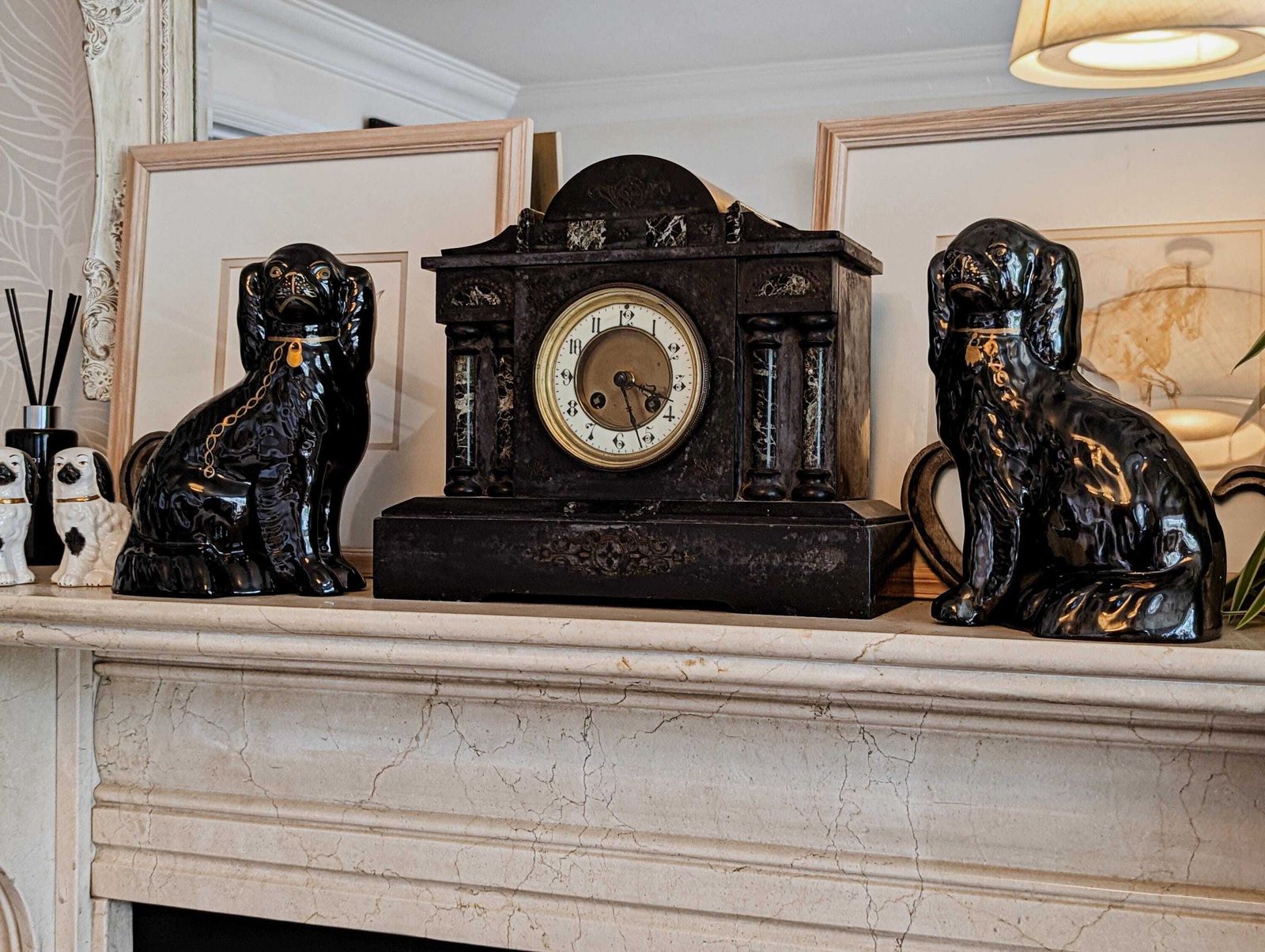 Art Staffordshire Pottery Mantle Black Jackfield Spaniel Dogs Pair photo