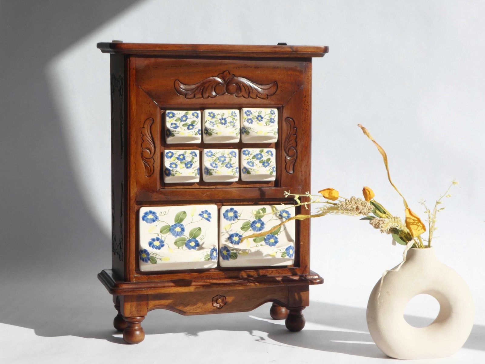 Antique Wooden Dutch Ceramic Spice Cabinet, Hand Painted Floral Kitchen Organizer, Farmhouse Decor