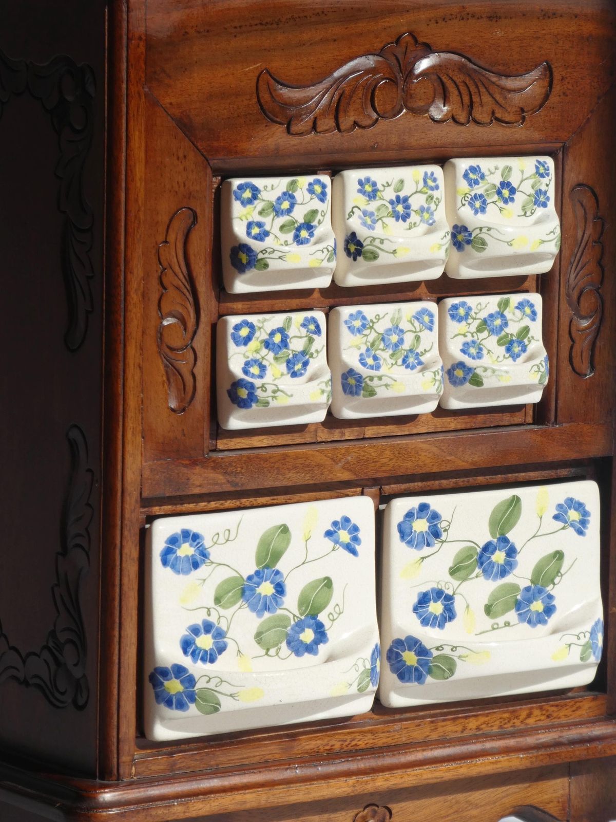 Antique Wooden Dutch Ceramic Spice Cabinet, Hand Painted Floral Kitchen Organizer, Farmhouse Decor photo for sale