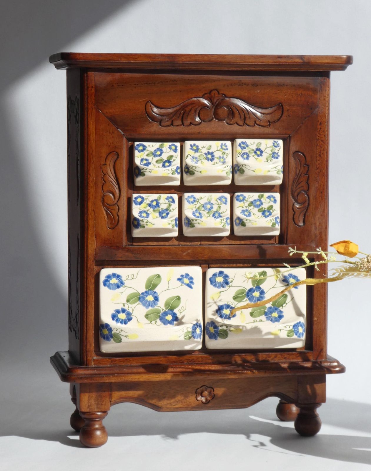Antique Wooden Dutch Ceramic Spice Cabinet, Hand Painted Floral Kitchen Organizer, Farmhouse Decor photo Furniture