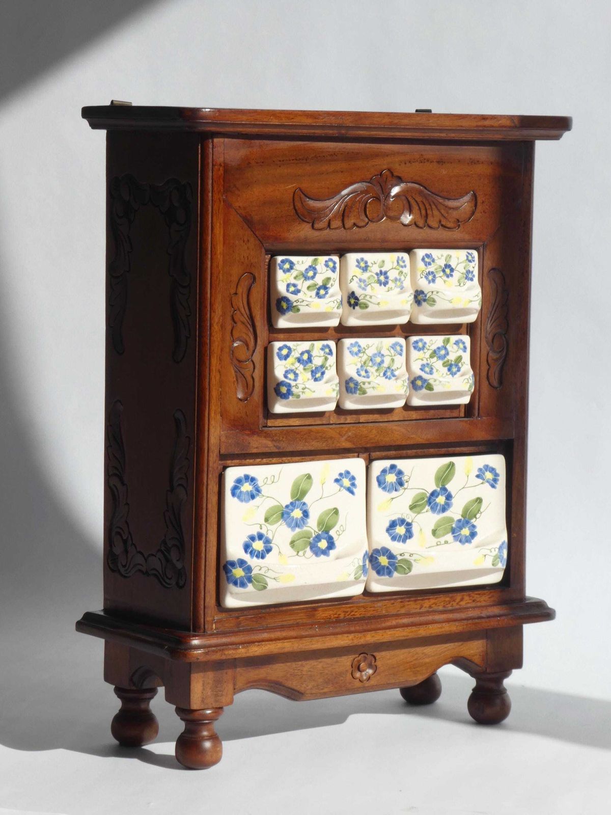 photo for sale Antique Wooden Dutch Ceramic Spice Cabinet, Hand Painted Floral Kitchen Organizer, Farmhouse Decor
