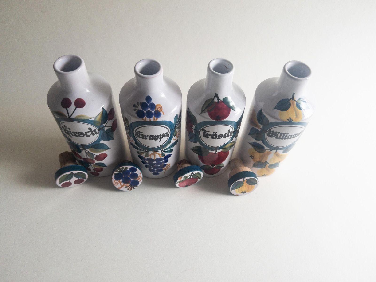 Set Of 4 Liquor Ceramic Bottles By Luzerner Keramik   Spirits Flask With A Cork Stopper   Made In Switzerland photo vinterior