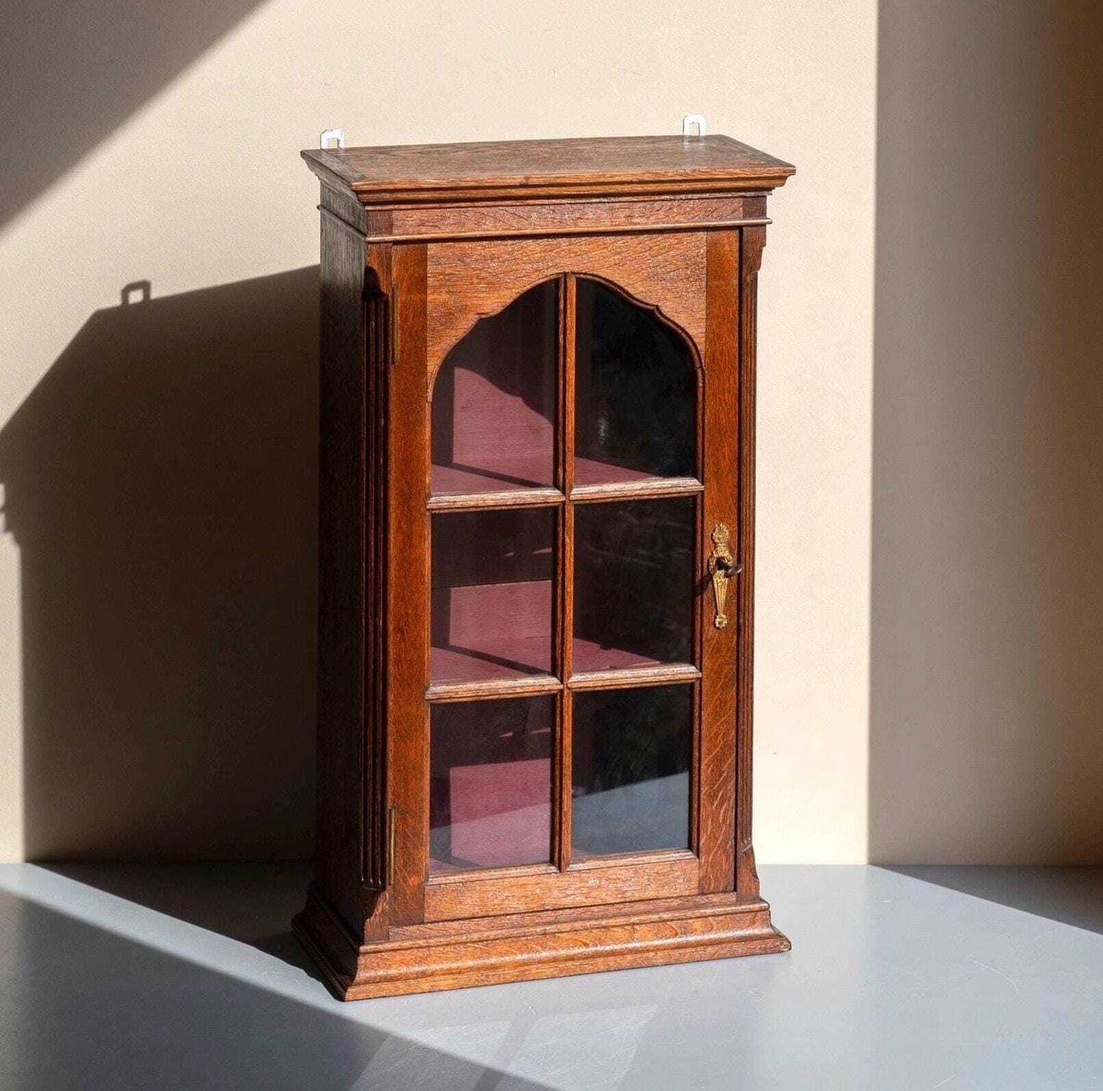 Antique Oak Wall Cabinet   Glass Door Bathroom Cabinet With Lock   Small Display Case