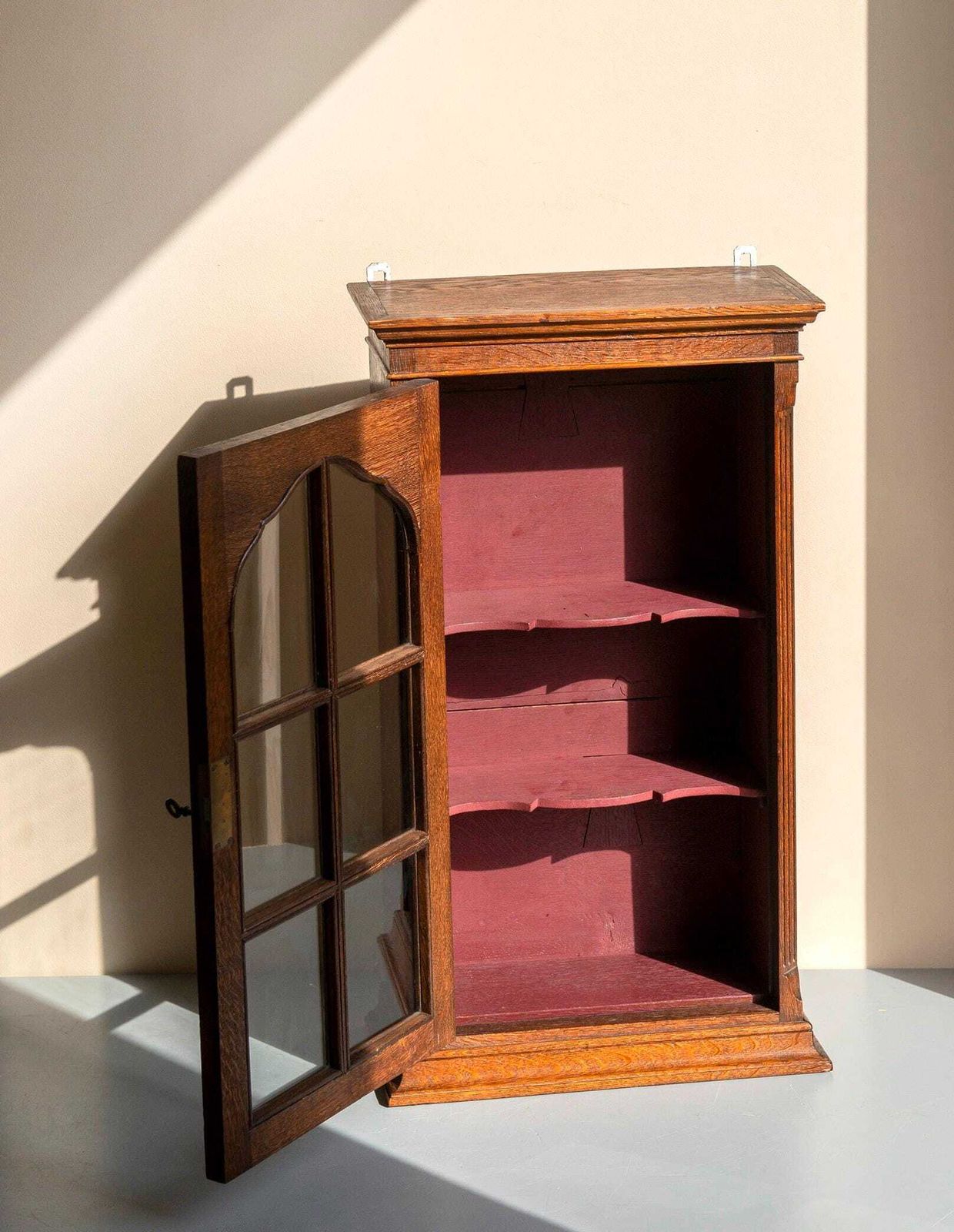 Furniture Antique Oak Wall Cabinet   Glass Door Bathroom Cabinet With Lock   Small Display Case photo