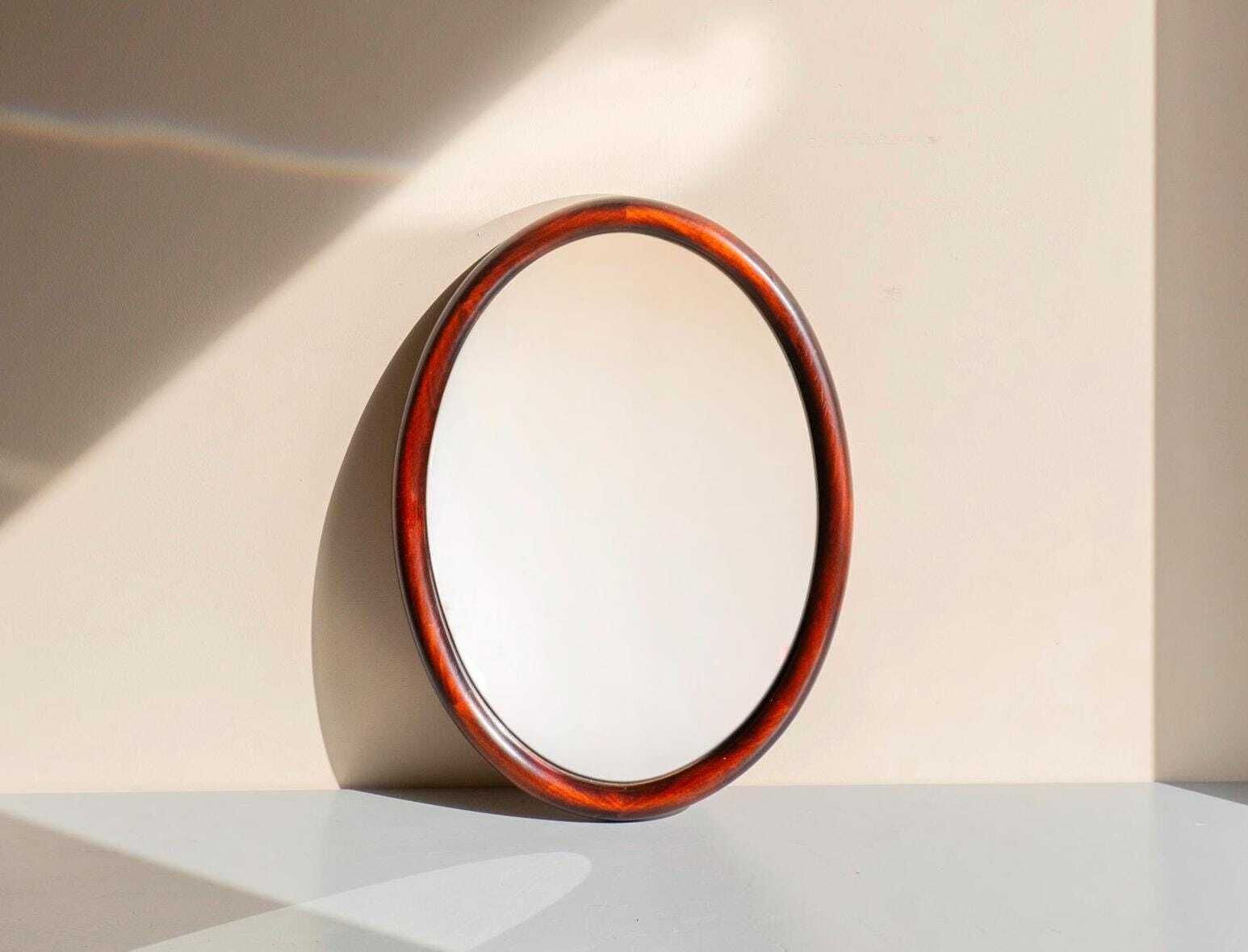Vintage Mahogany Oval Wall Mirror   Small Wooden Dutch Mirror   Mid Century Hallway Mirror