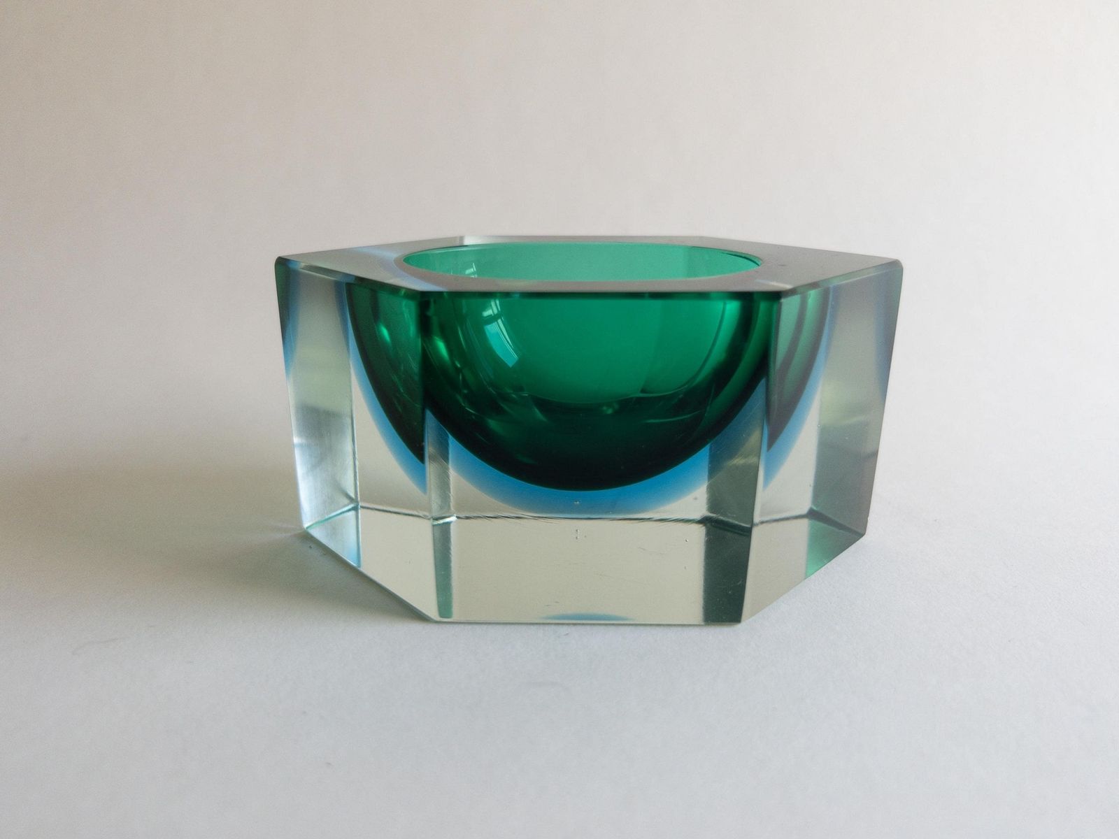 Murano Sommerso Hexagon Bowl   Italian Blue And Green Faceted Block Art Glass photo vintage