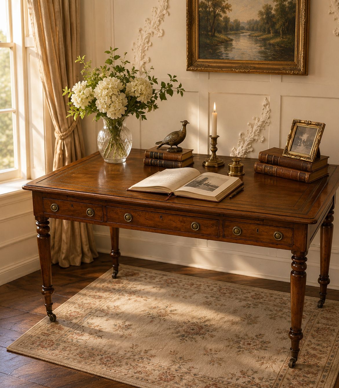 Antique Early 19th Century Mahogany Partners Library Writing Desk With Leather Slide photo for sale