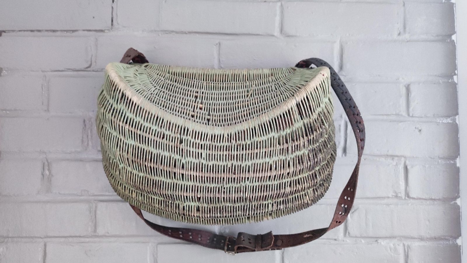 Antique French Fishing Basket Rustic Wicker Creel And Leather Strap photo Home Decor