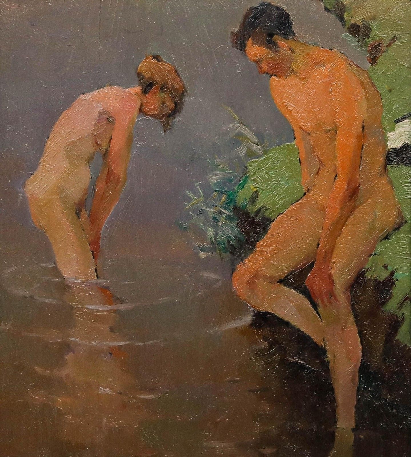 Hans Zank & Willi Gericke Early 20th Century Oil, Bathers At The Bank Edge photo furniture
