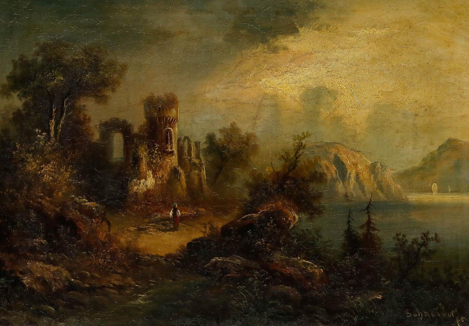 Hermann Schneider (1847 1918) 1875 Oil, Castle Ruins At Sunset photo furniture